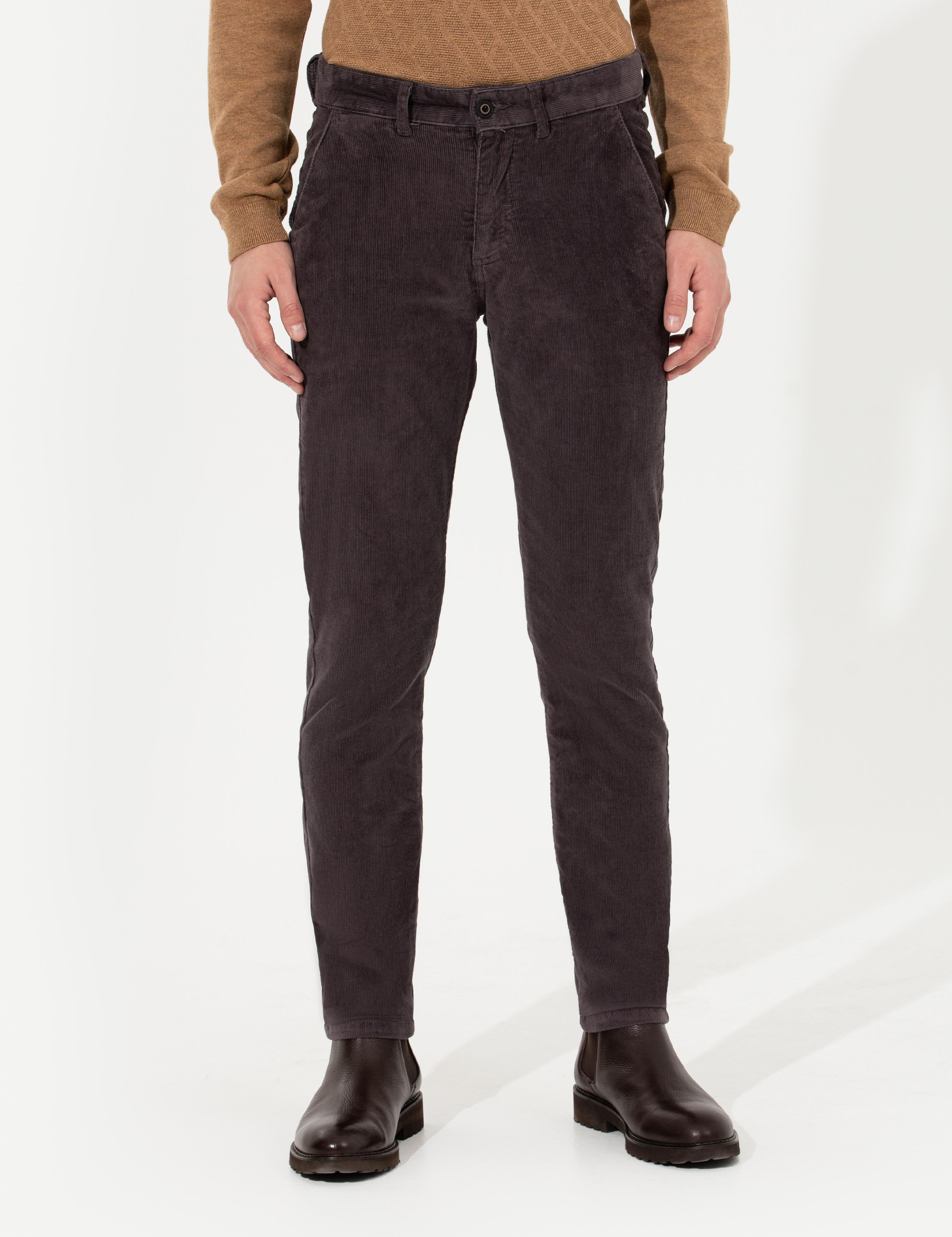 Koyu Gri Slim Fit Kadife Kanvas Pantolon