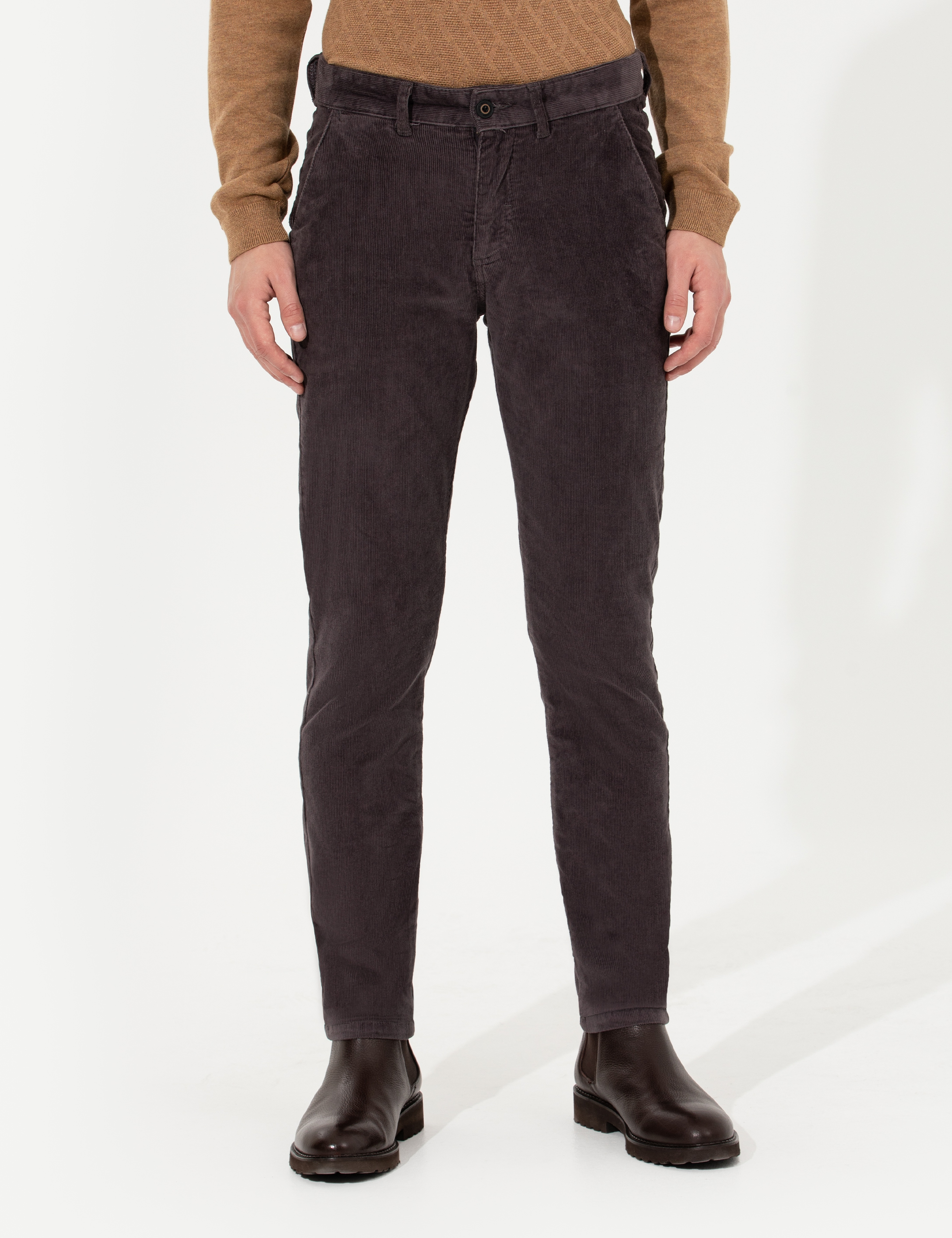 Koyu Gri Slim Fit Kadife Kanvas Pantolon