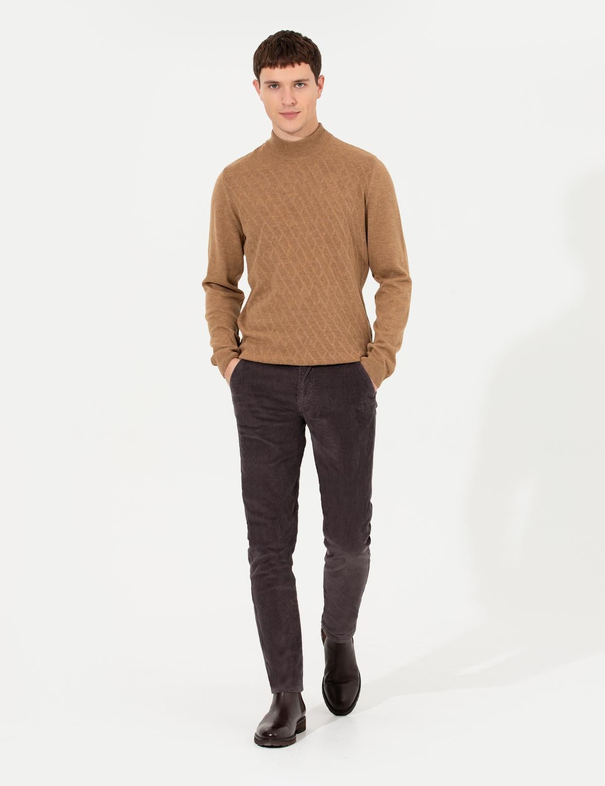 Koyu Gri Slim Fit Kadife Kanvas Pantolon - 50259715199