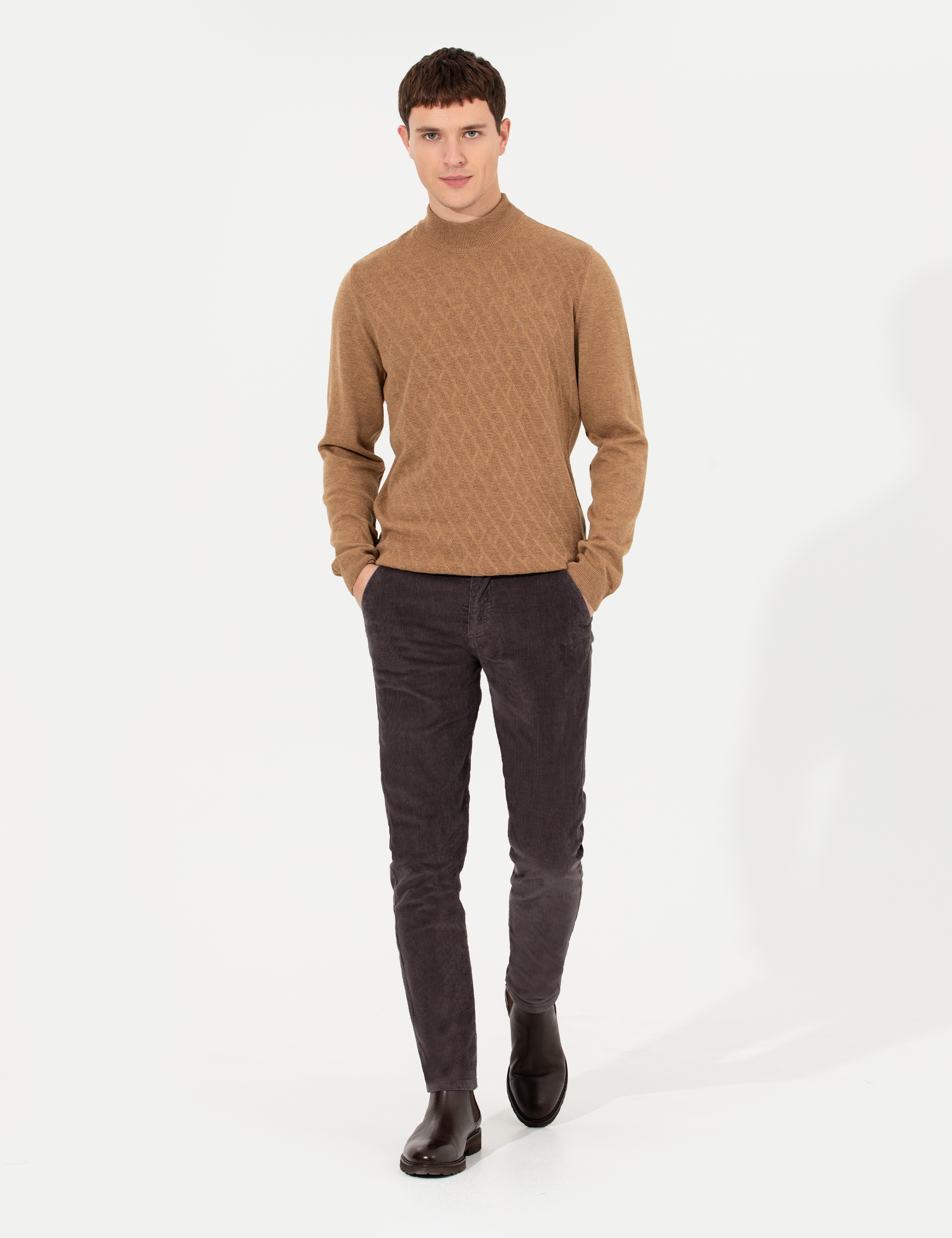 Koyu Gri Slim Fit Kadife Kanvas Pantolon - Image 3