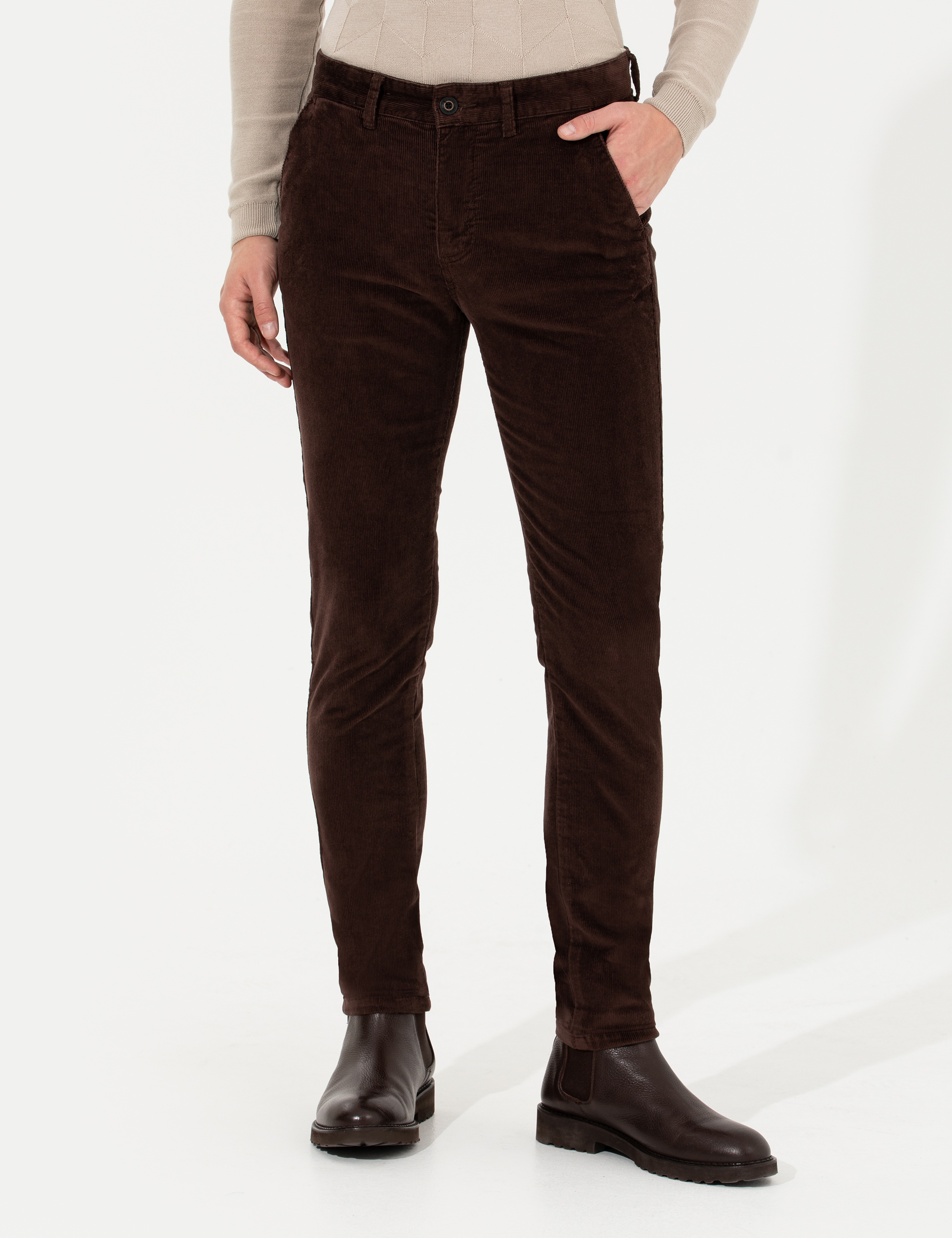 Koyu Kahverengi Slim Fit Kadife Kanvas Pantolon - Image 2