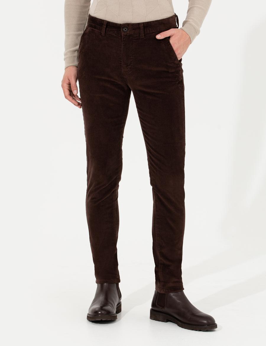 Koyu Kahverengi Slim Fit Kadife Kanvas Pantolon
