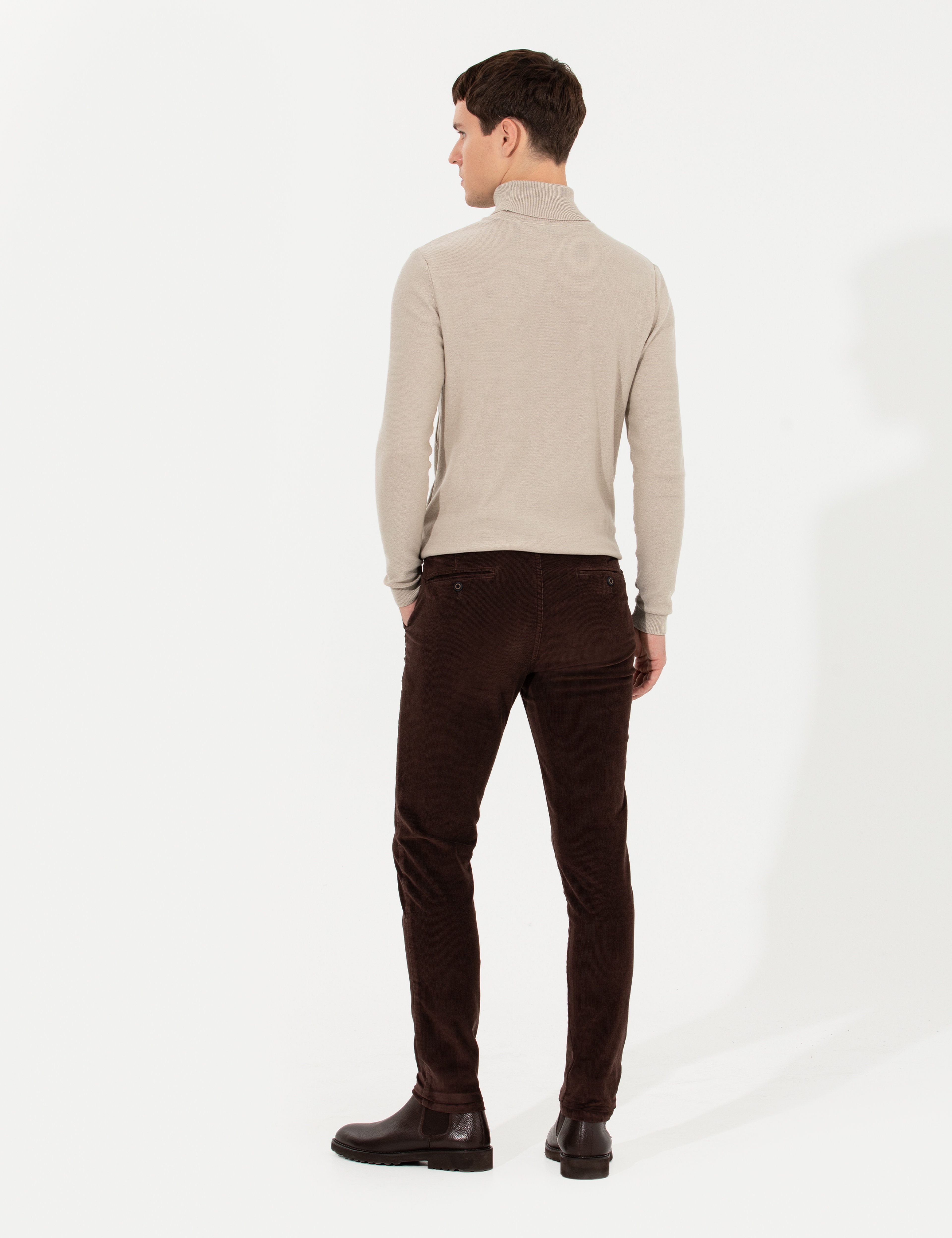 Koyu Kahverengi Slim Fit Kadife Kanvas Pantolon