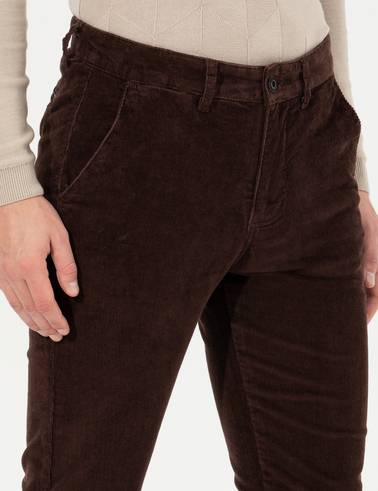 Koyu Kahverengi Slim Fit Kadife Kanvas Pantolon