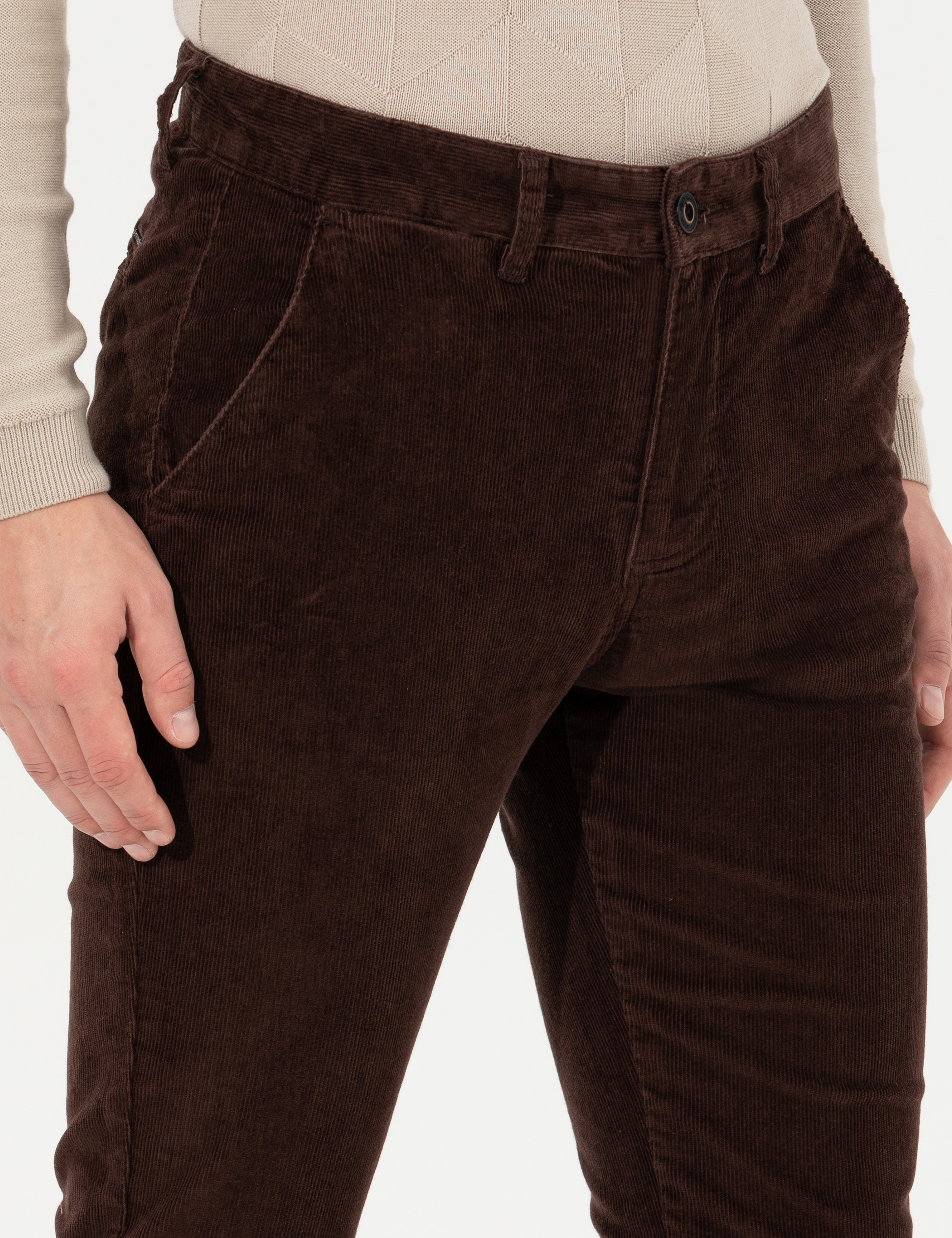 Koyu Kahverengi Slim Fit Kadife Kanvas Pantolon - Image 6
