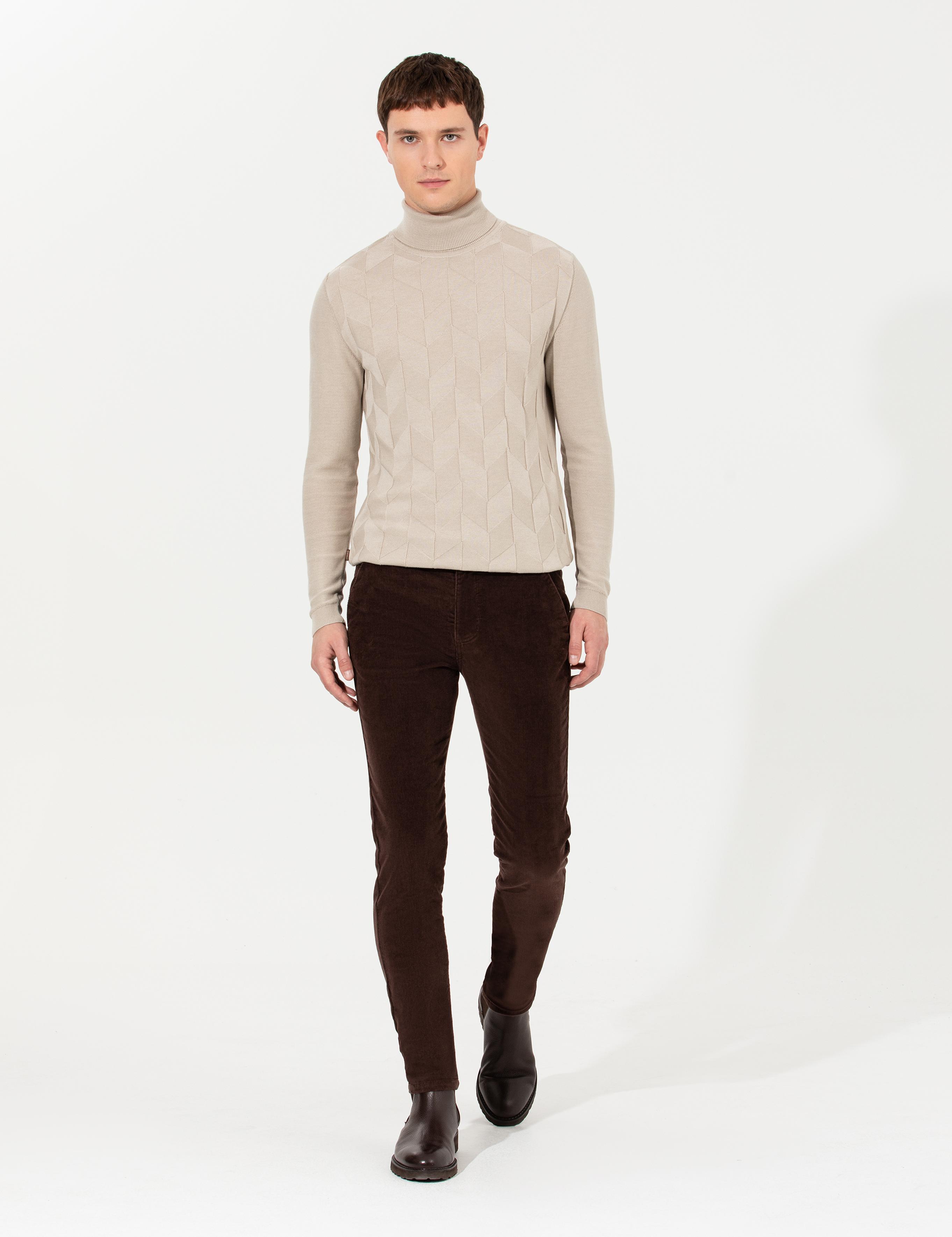 Koyu Kahverengi Slim Fit Kadife Kanvas Pantolon