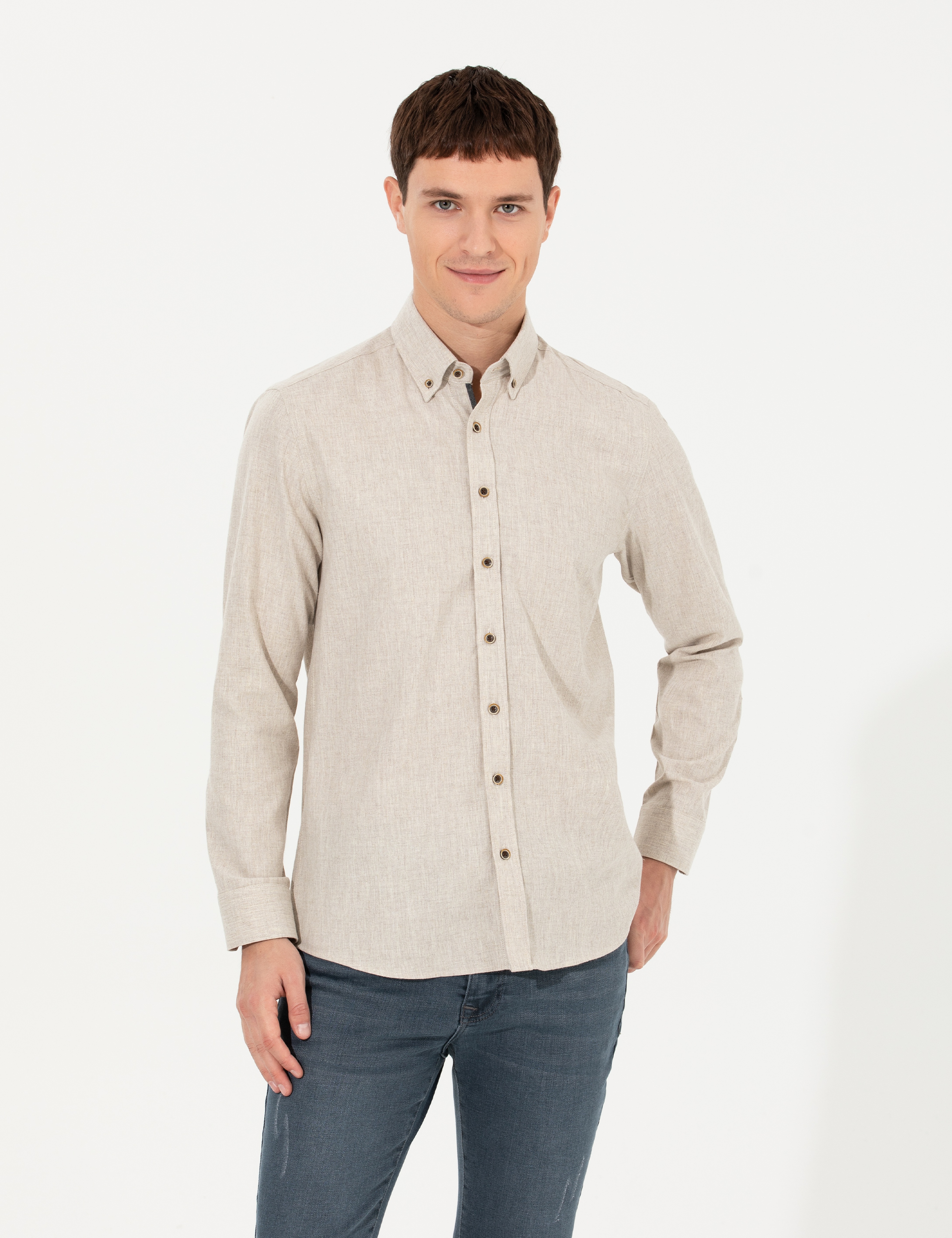 Bej Regular Fit Uzun Kollu Gömlek - Image 4