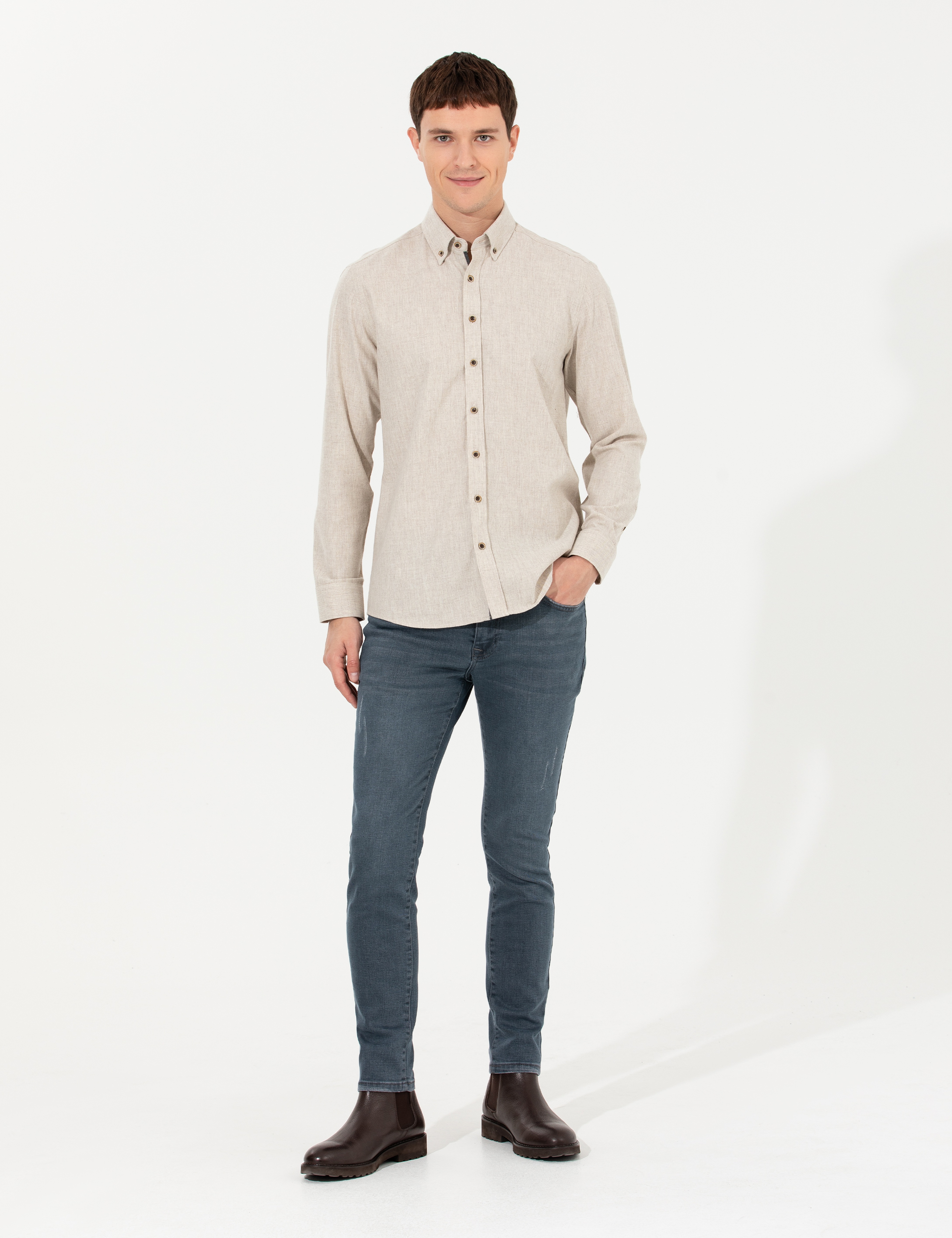 Bej Regular Fit Uzun Kollu Gömlek - Image 3