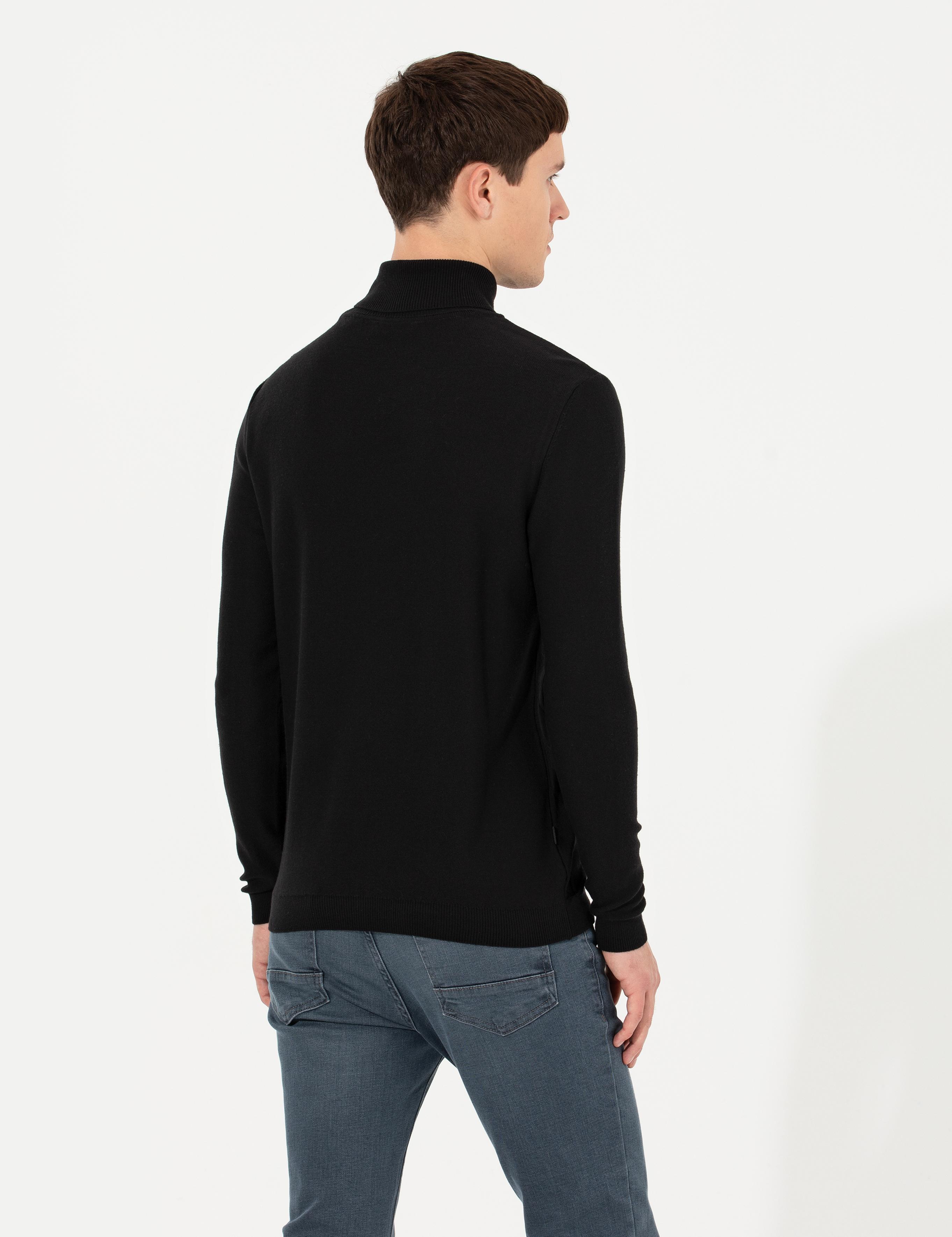 Siyah Slim Fit Balıkçı Yaka Triko Kazak