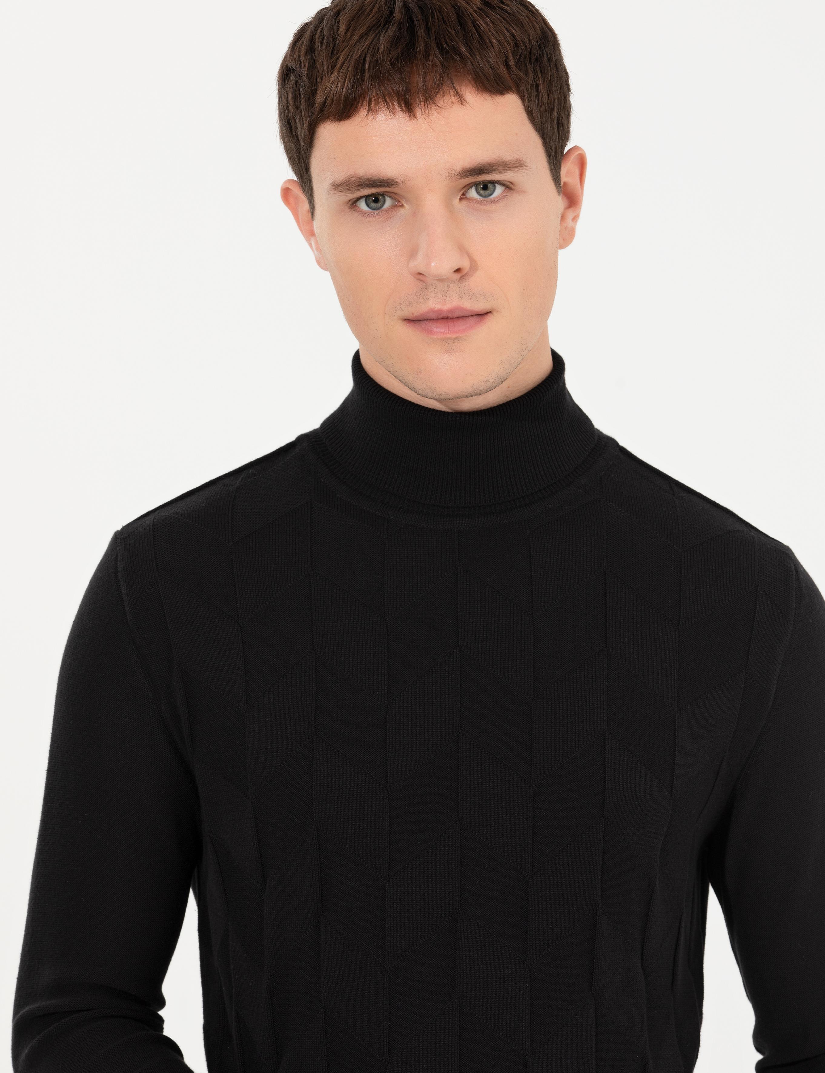 Siyah Slim Fit Balıkçı Yaka Triko Kazak