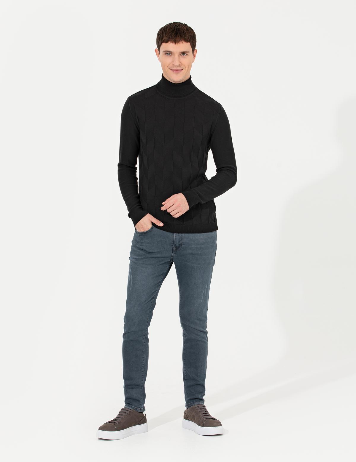 Siyah Slim Fit Balıkçı Yaka Triko Kazak - 50259851023