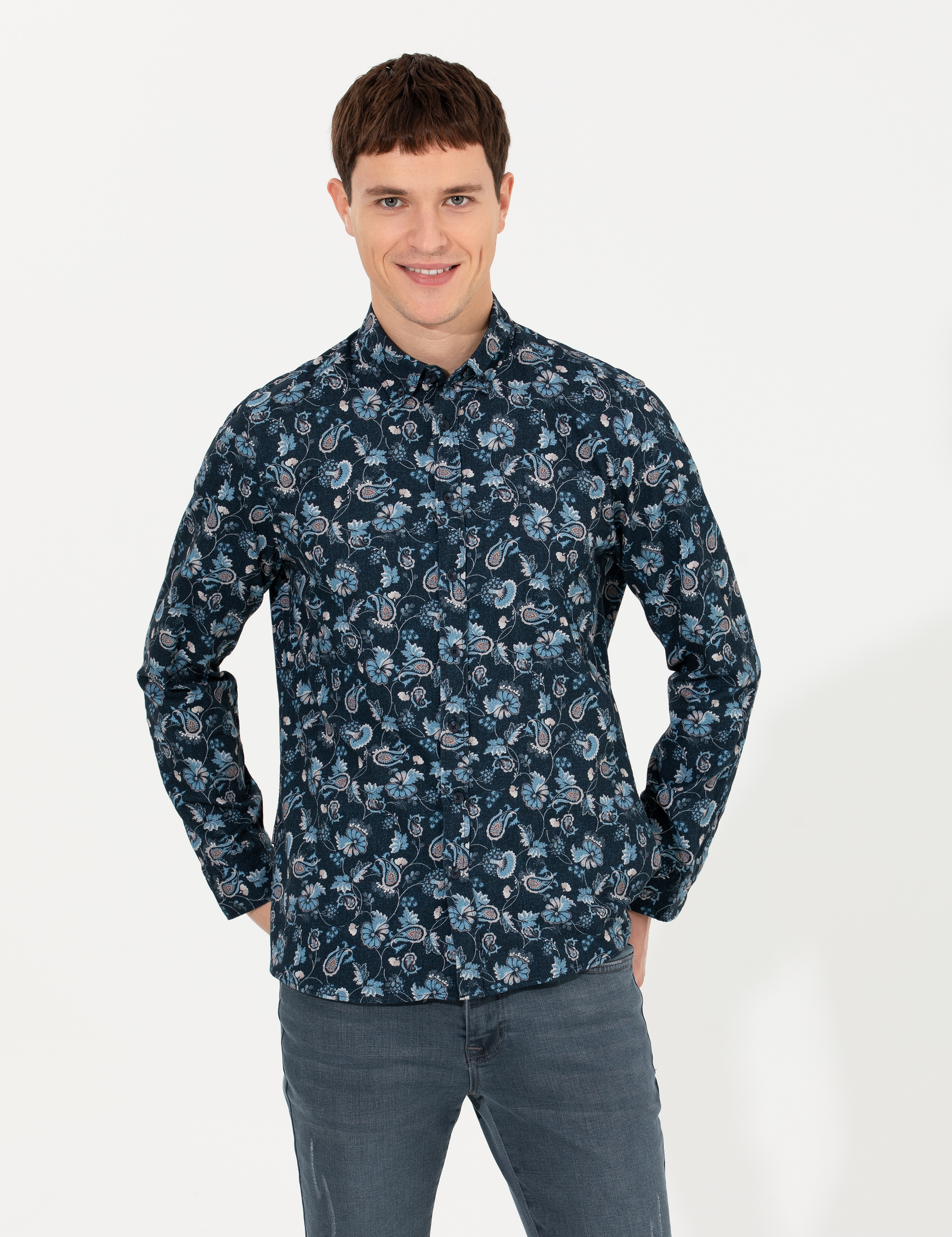 Lacivert Slim Fit Uzun Kollu Gömlek - Image 2