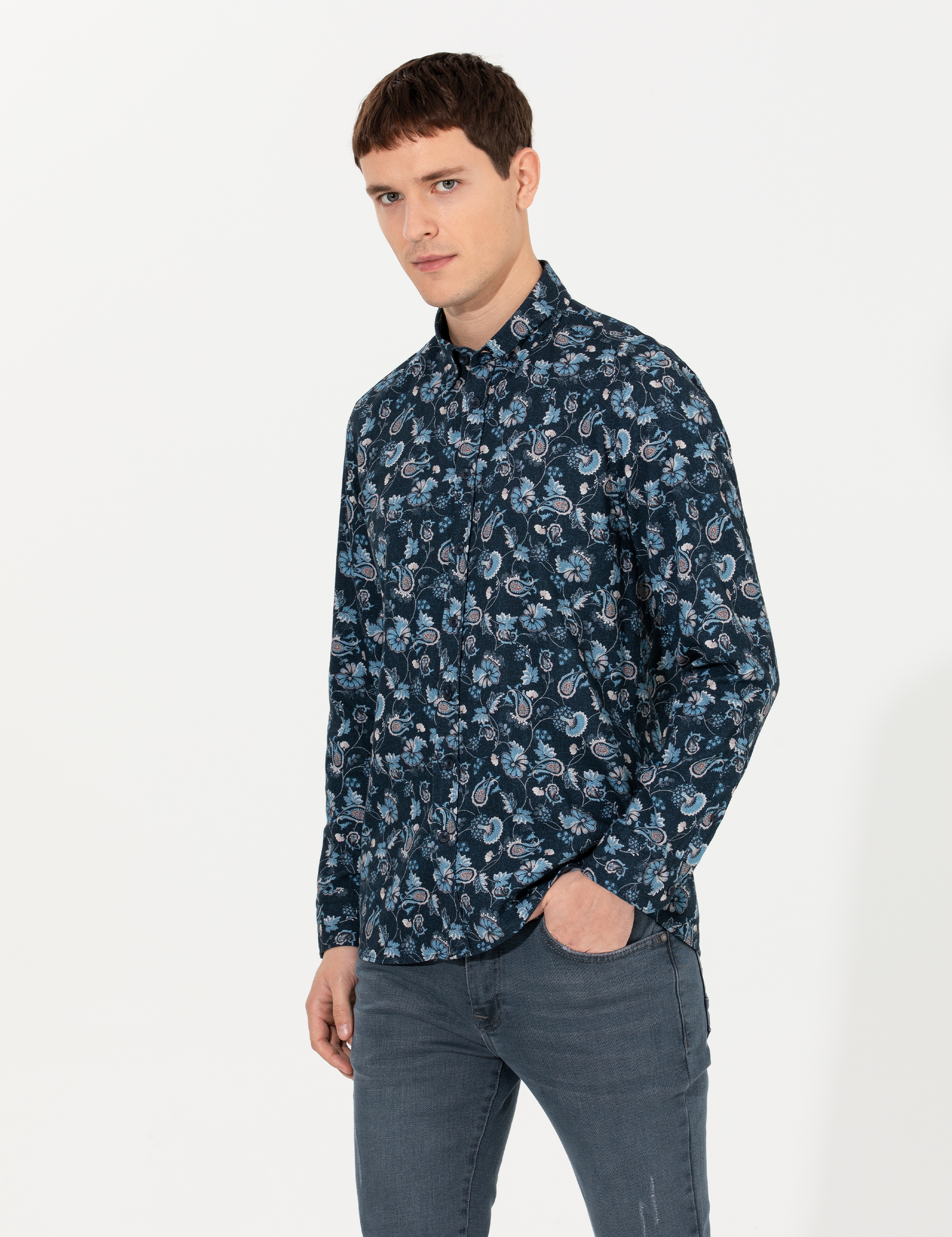 Lacivert Slim Fit Uzun Kollu Gömlek - Image 4