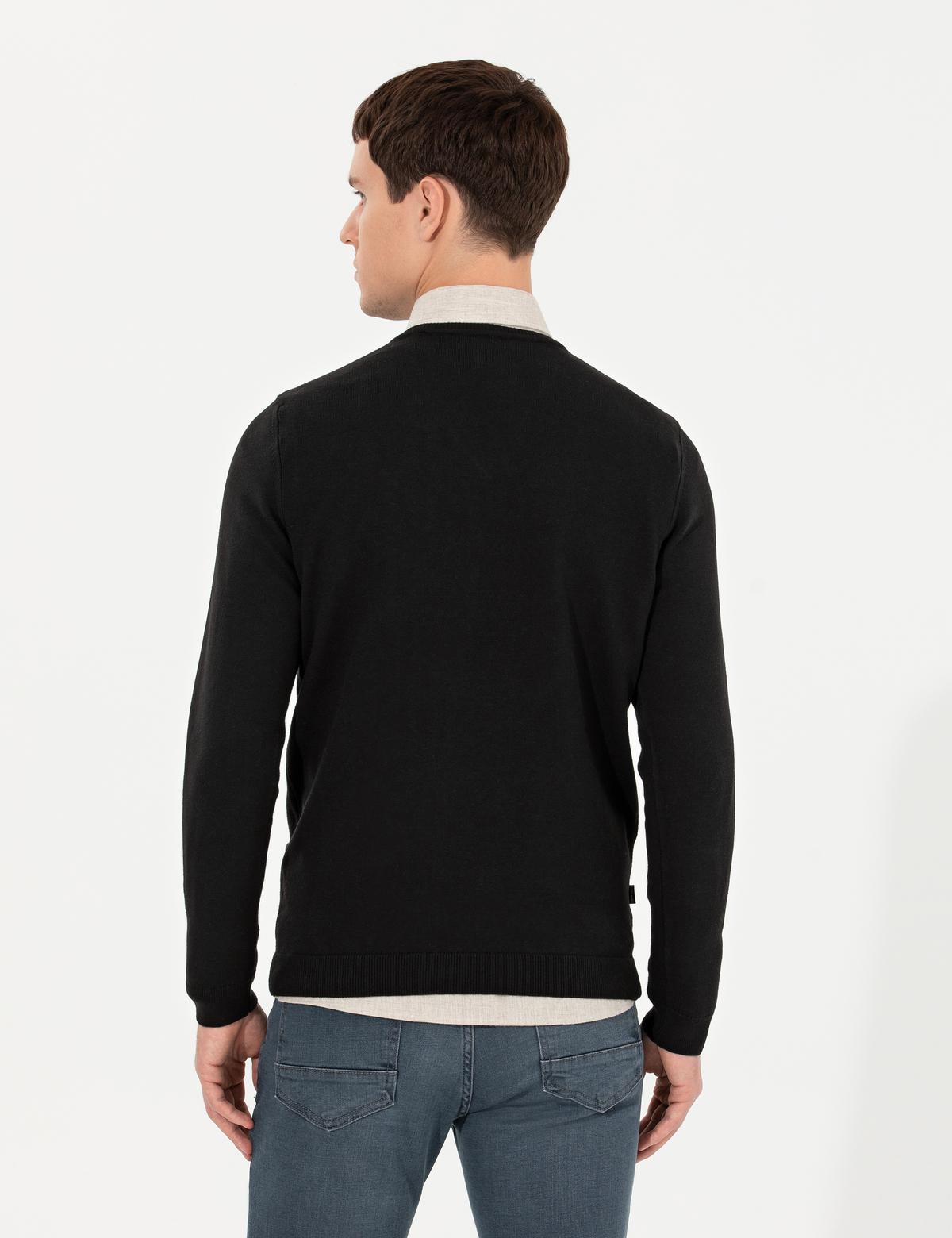 Siyah Slim Fit V Yaka Triko Kazak - 50265423018