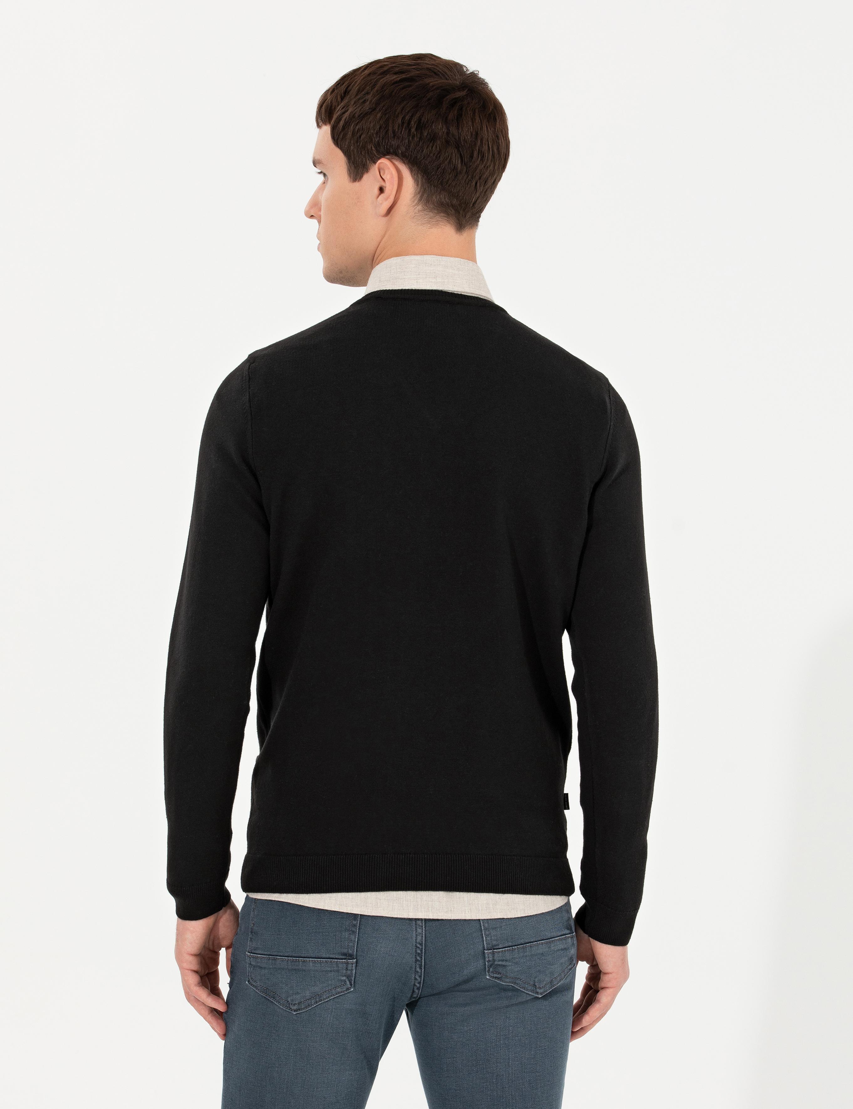 Siyah Slim Fit V Yaka Triko Kazak