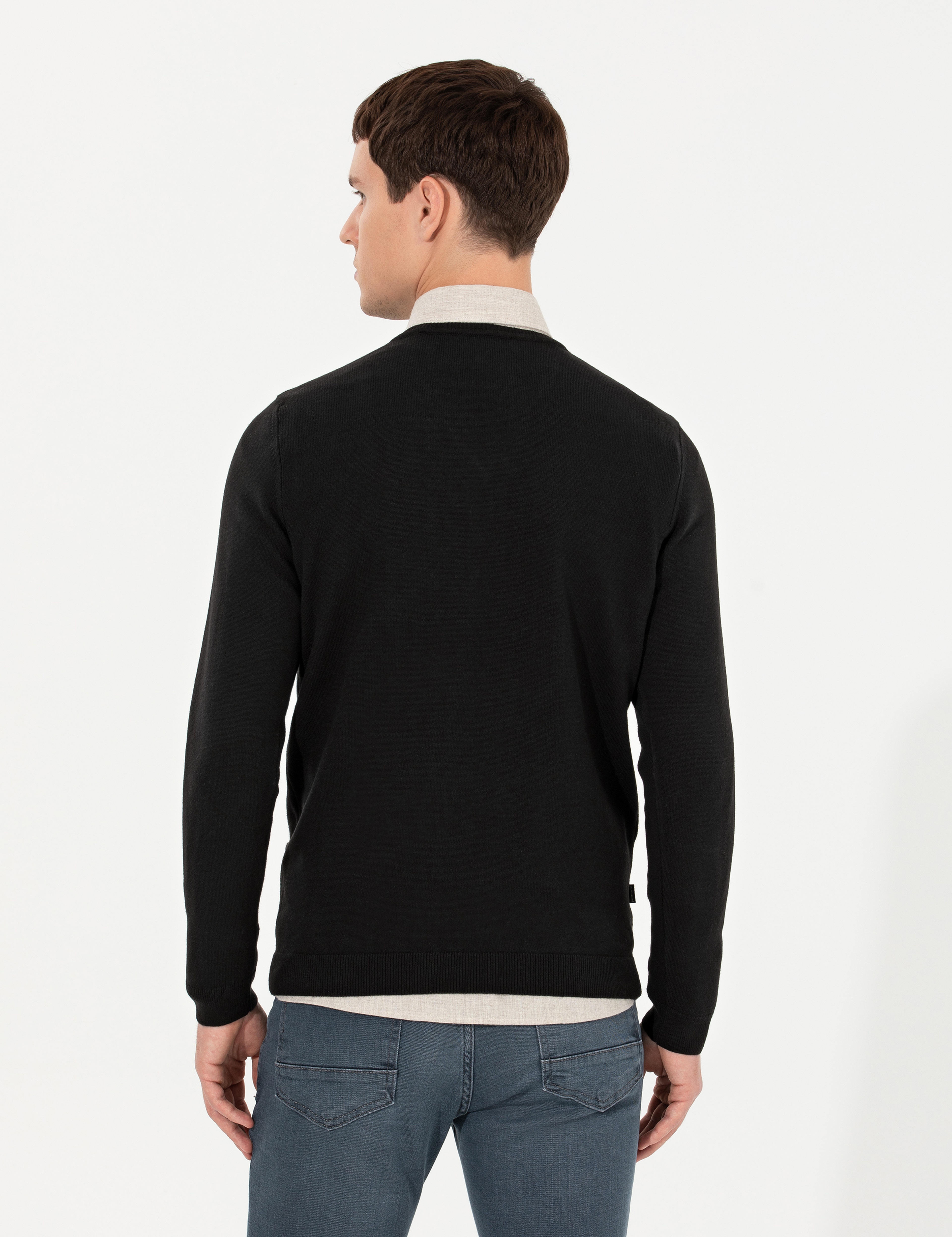 Siyah Slim Fit V Yaka Triko Kazak - Image 5