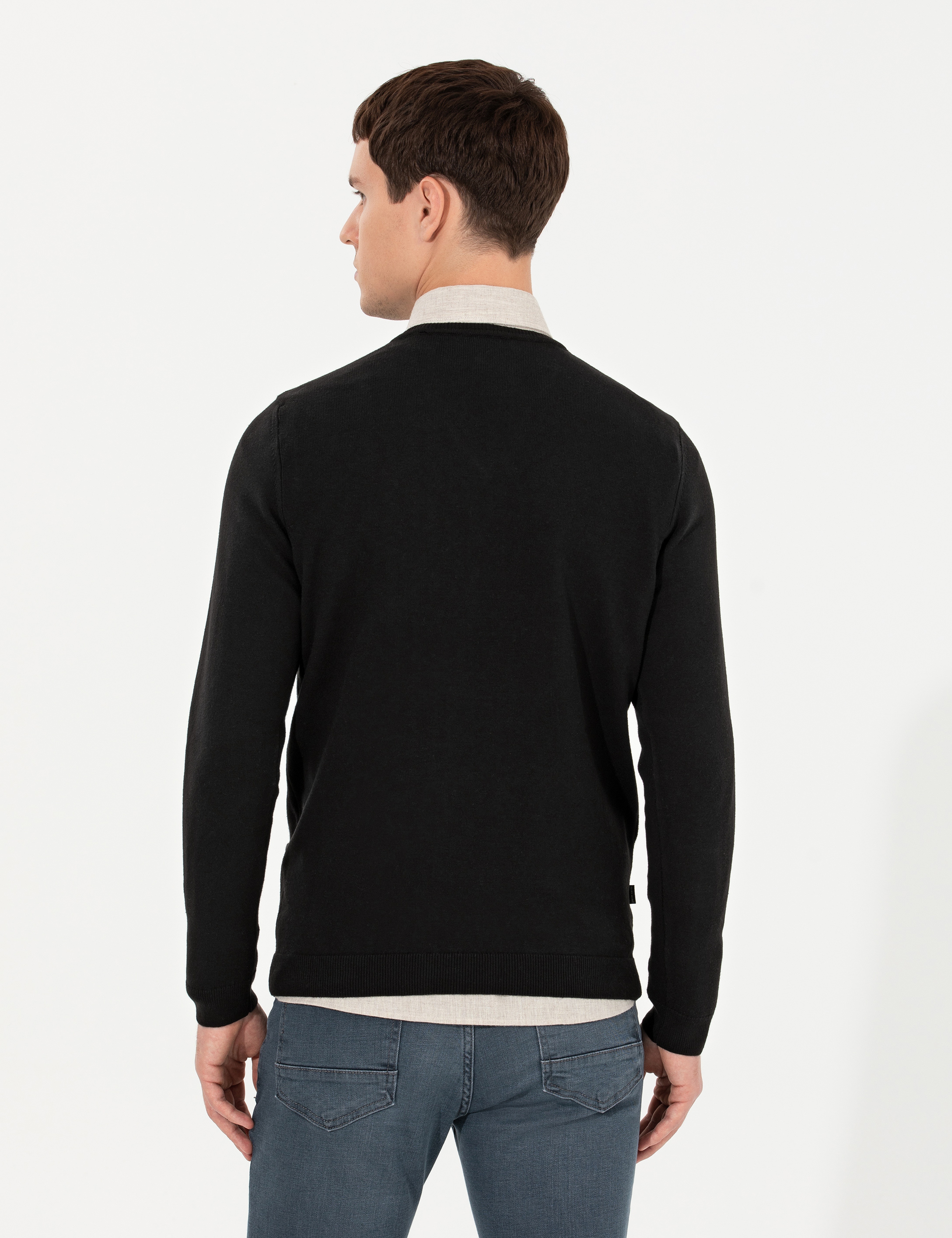 Siyah Slim Fit V Yaka Triko Kazak