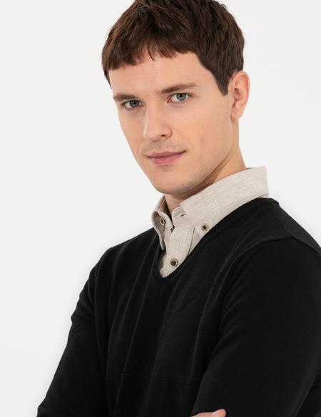 Siyah Slim Fit V Yaka Triko Kazak - 50265423018