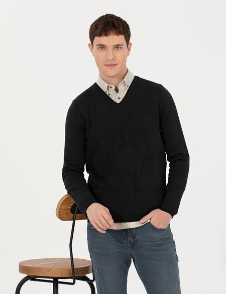 Siyah Slim Fit V Yaka Triko Kazak - 50265423018