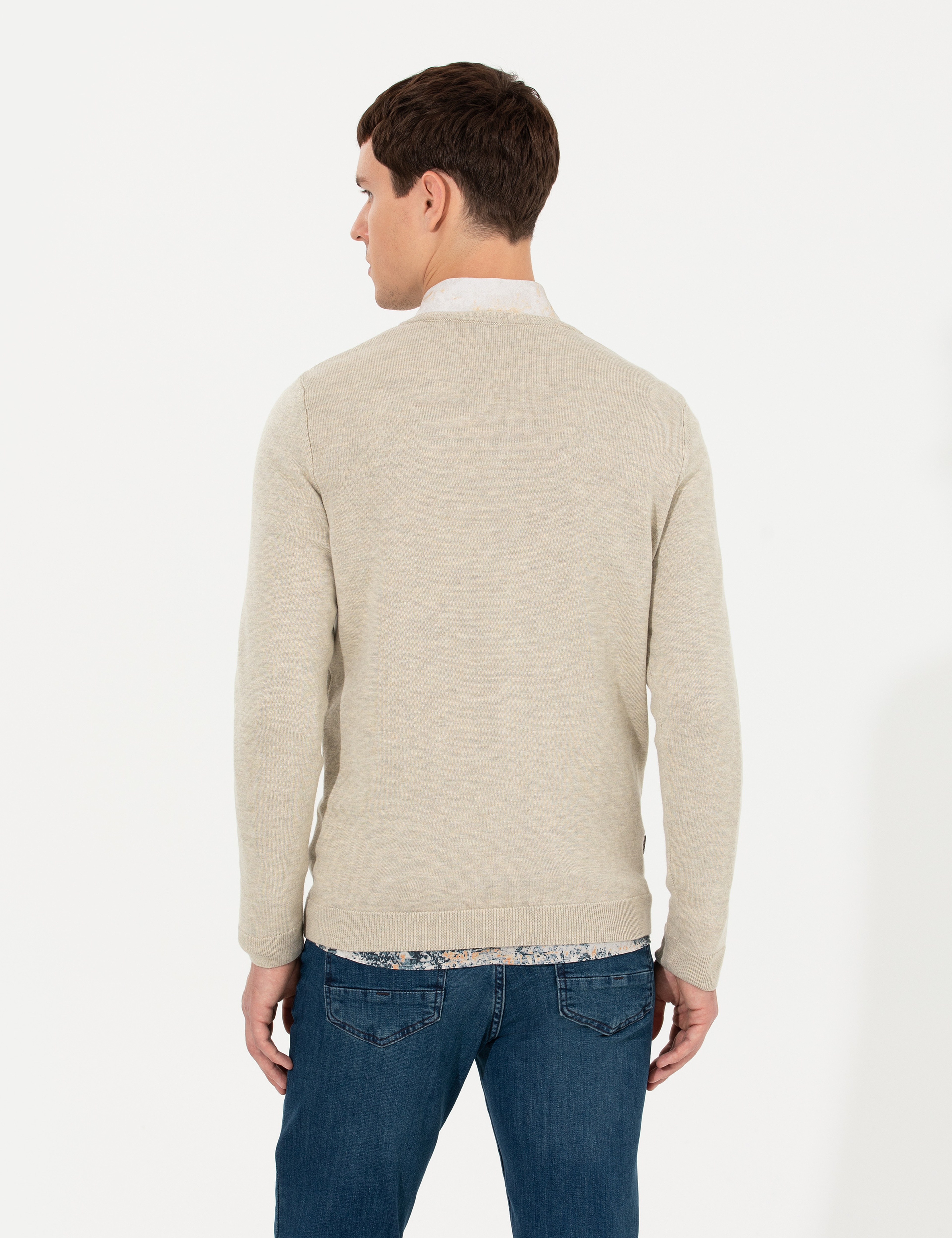 Kum Melanj Slim Fit V Yaka Triko Kazak - Image 5