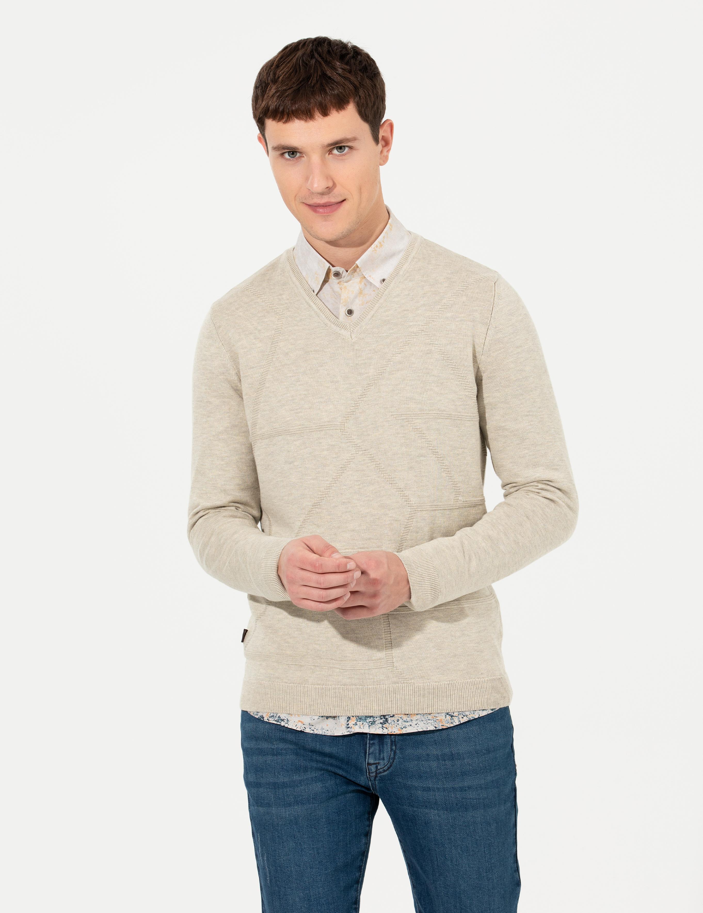 Kum Melanj Slim Fit V Yaka Triko Kazak