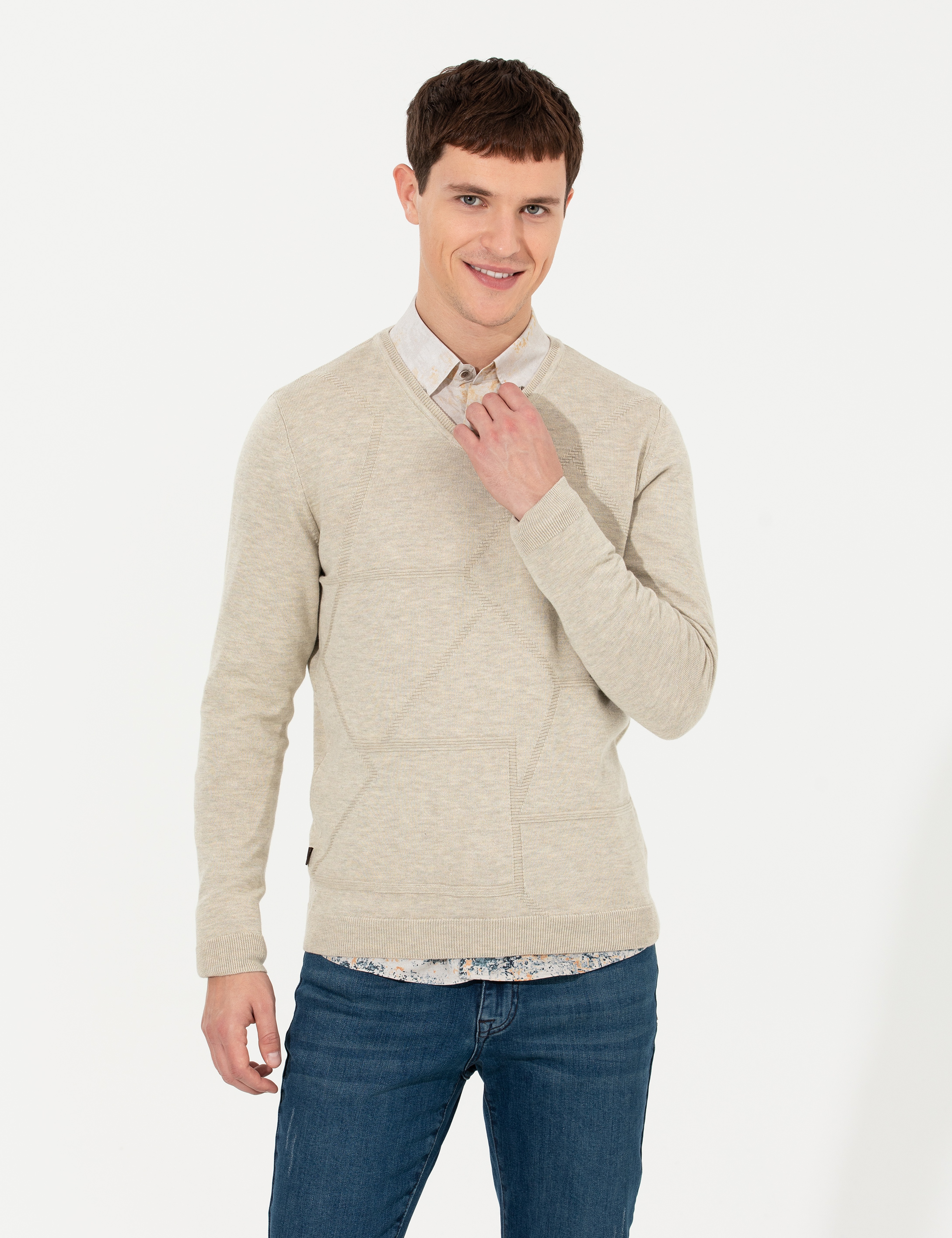 Kum Melanj Slim Fit V Yaka Triko Kazak - Image 4