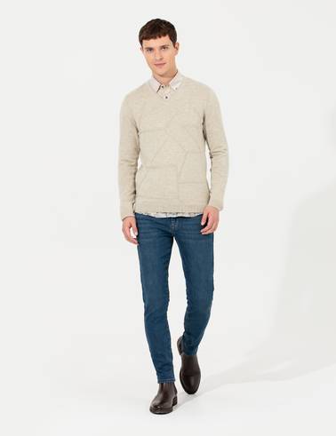 Kum Melanj Slim Fit V Yaka Triko Kazak