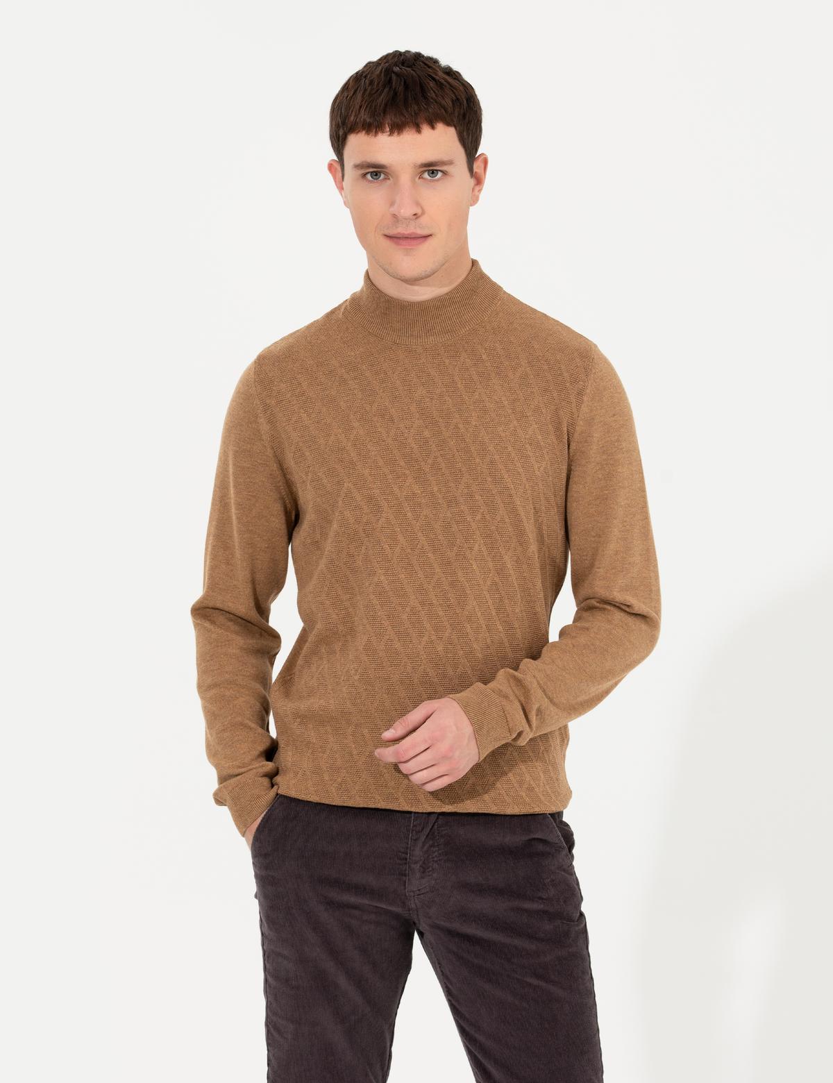 Camel Melanj Slim Fit Yarım Balıkçı Yaka Triko Kazak