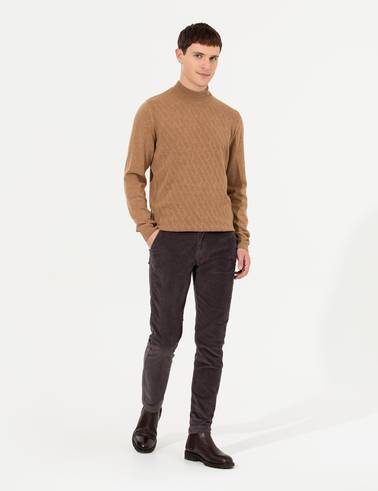 Camel Melanj Slim Fit Yarım Balıkçı Yaka Triko Kazak