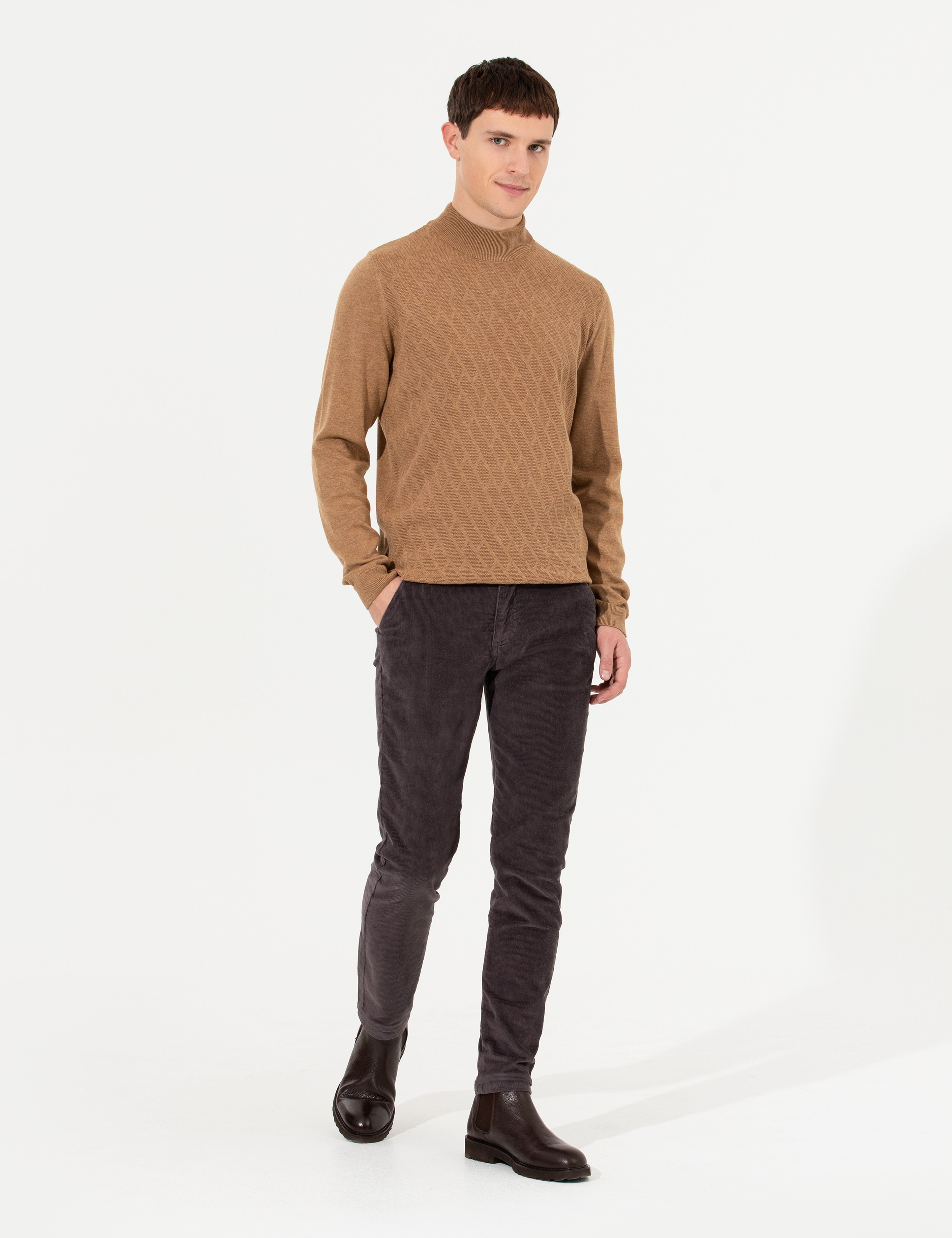 Camel Melanj Slim Fit Yarım Balıkçı Yaka Triko Kazak