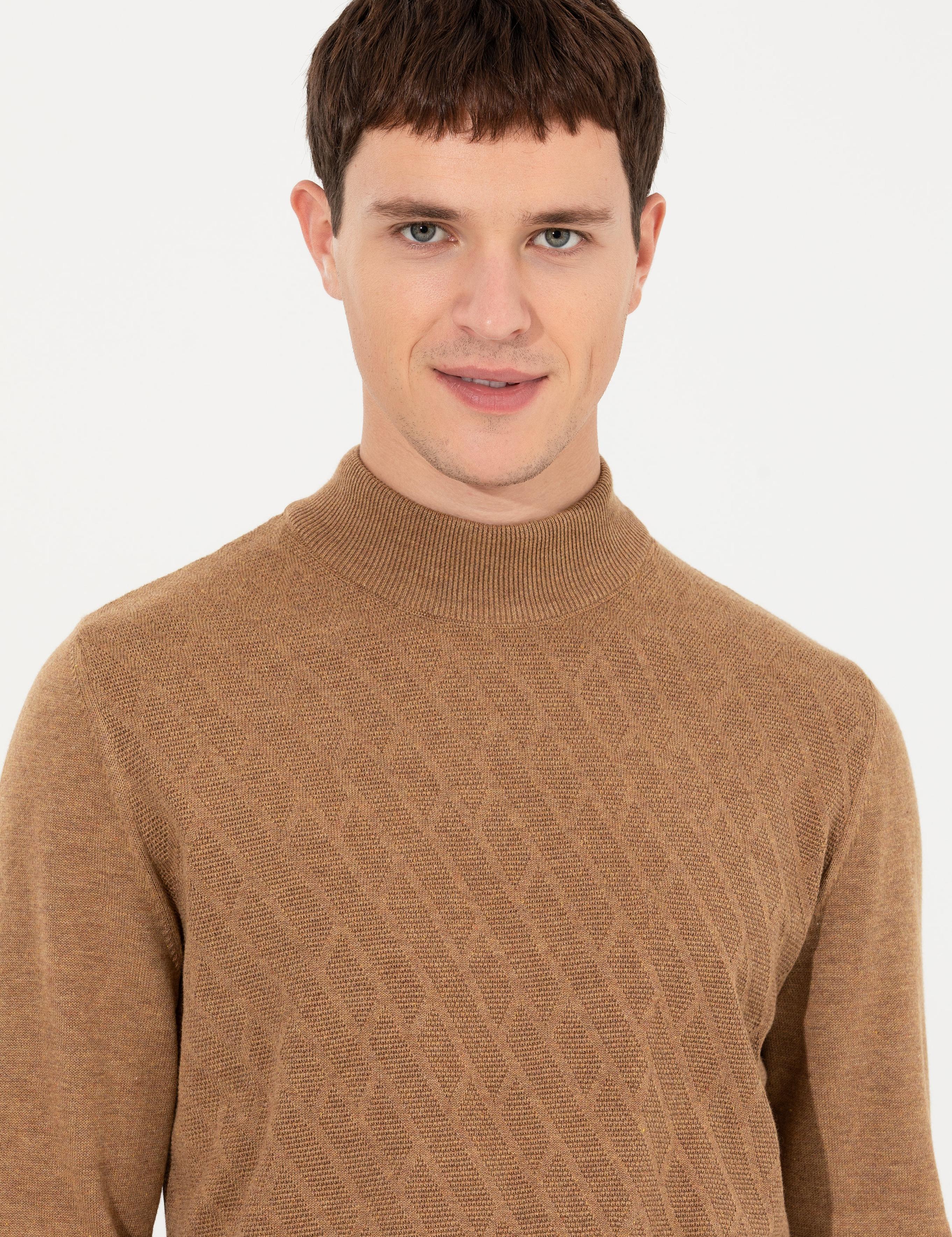 Camel Melanj Slim Fit Yarım Balıkçı Yaka Triko Kazak