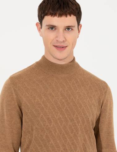 Camel Melanj Slim Fit Yarım Balıkçı Yaka Triko Kazak
