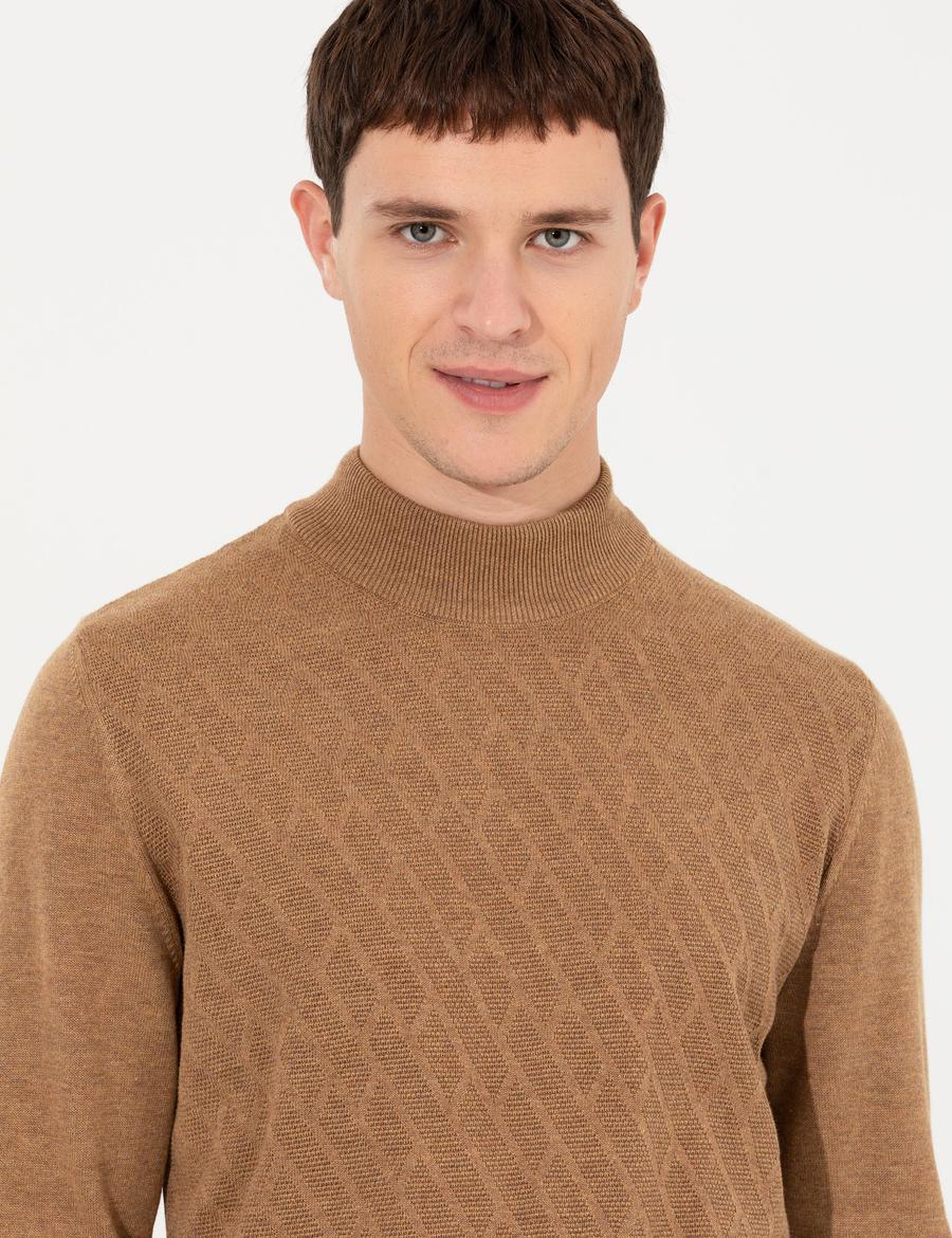 Camel Melanj Slim Fit Yarım Balıkçı Yaka Triko Kazak