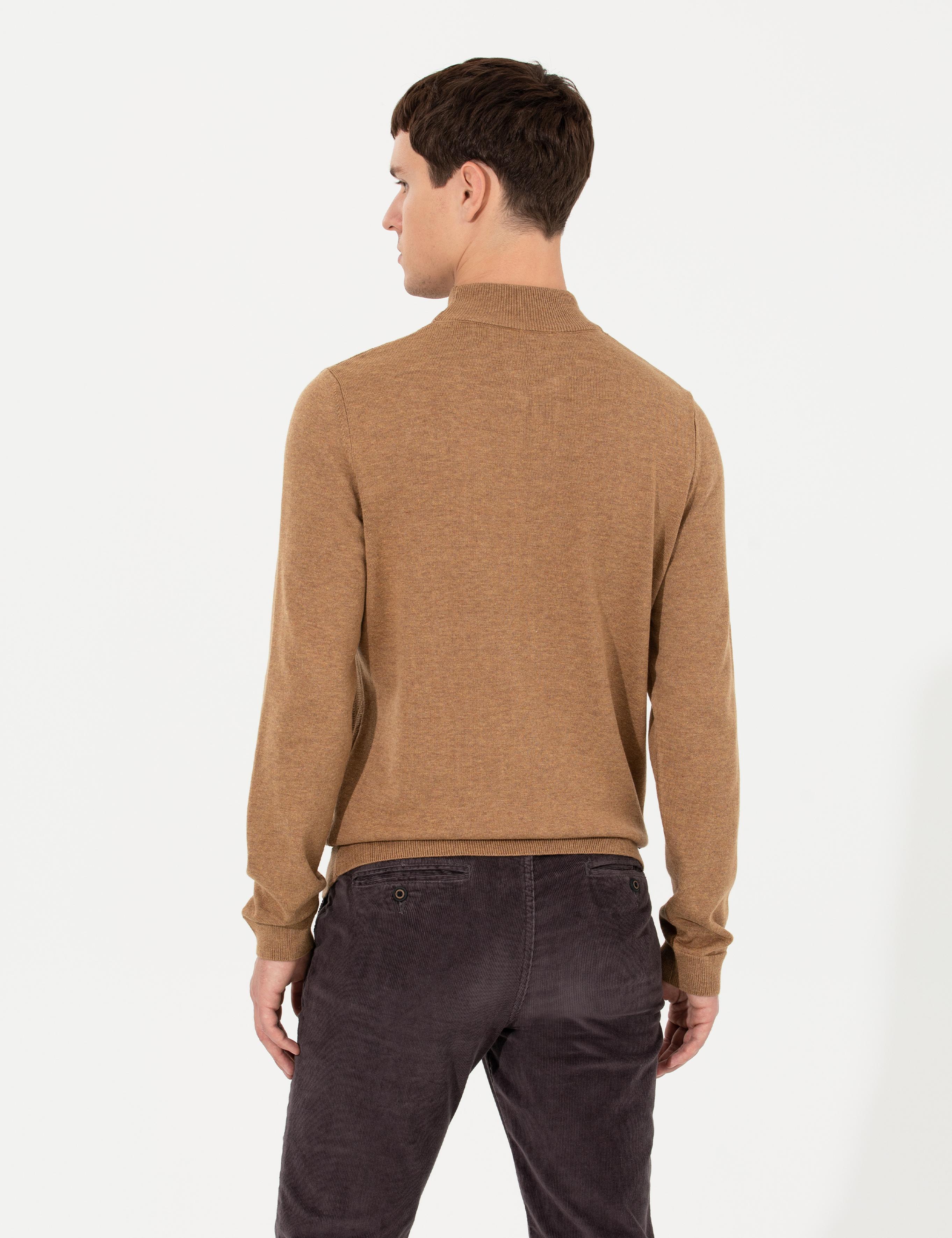 Camel Melanj Slim Fit Yarım Balıkçı Yaka Triko Kazak