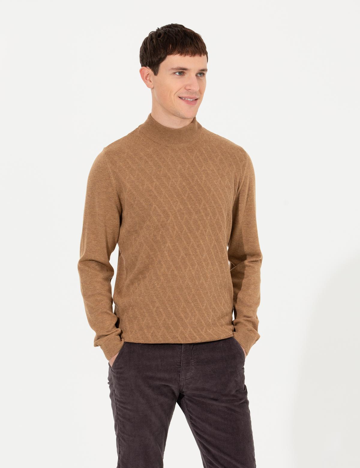 Camel Melanj Slim Fit Yarım Balıkçı Yaka Triko Kazak - 50265917018