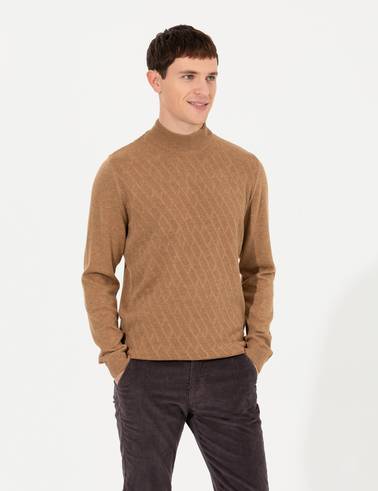 Camel Melanj Slim Fit Yarım Balıkçı Yaka Triko Kazak