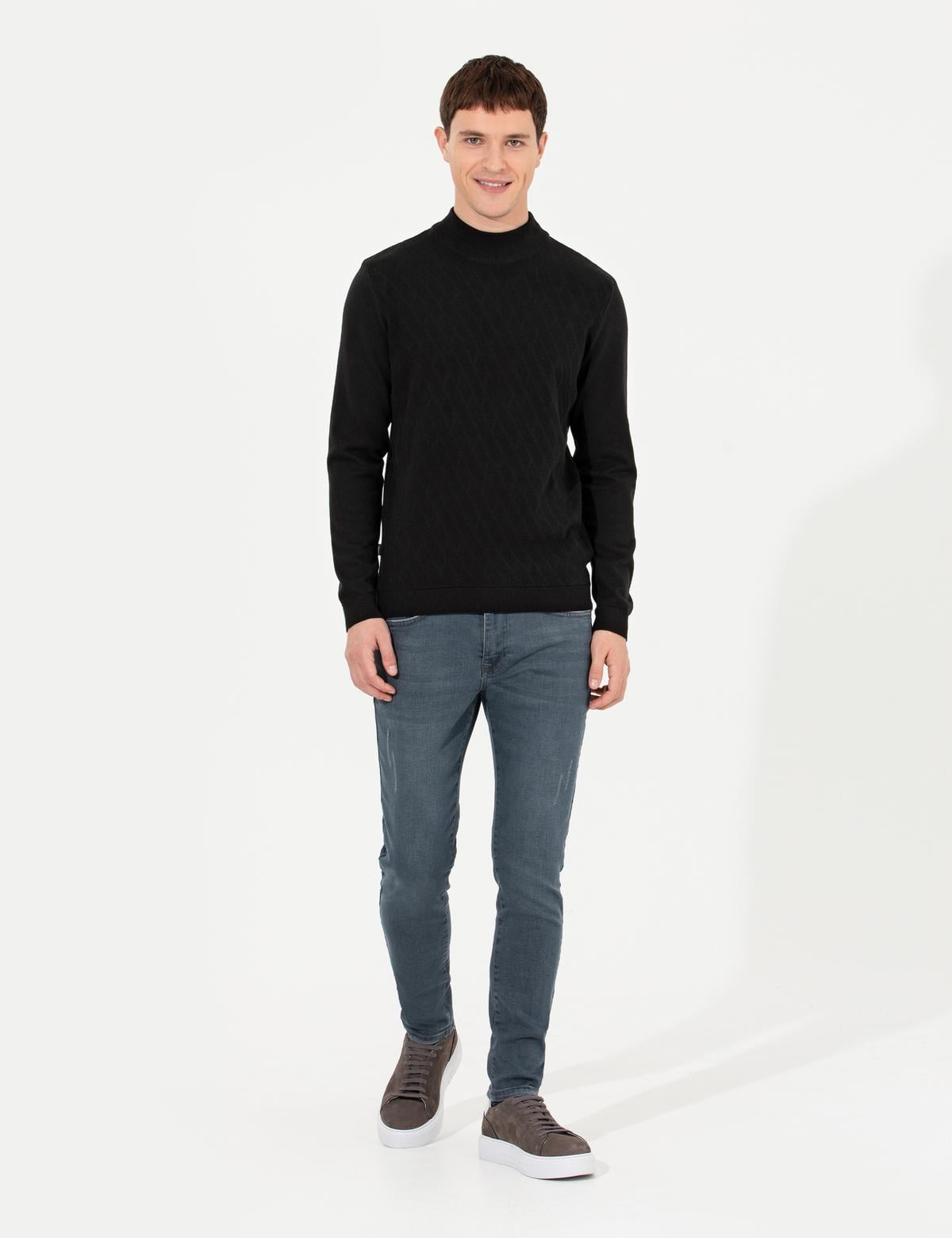 Siyah Slim Fit Yarım Balıkçı Yaka Triko Kazak - 50265917008