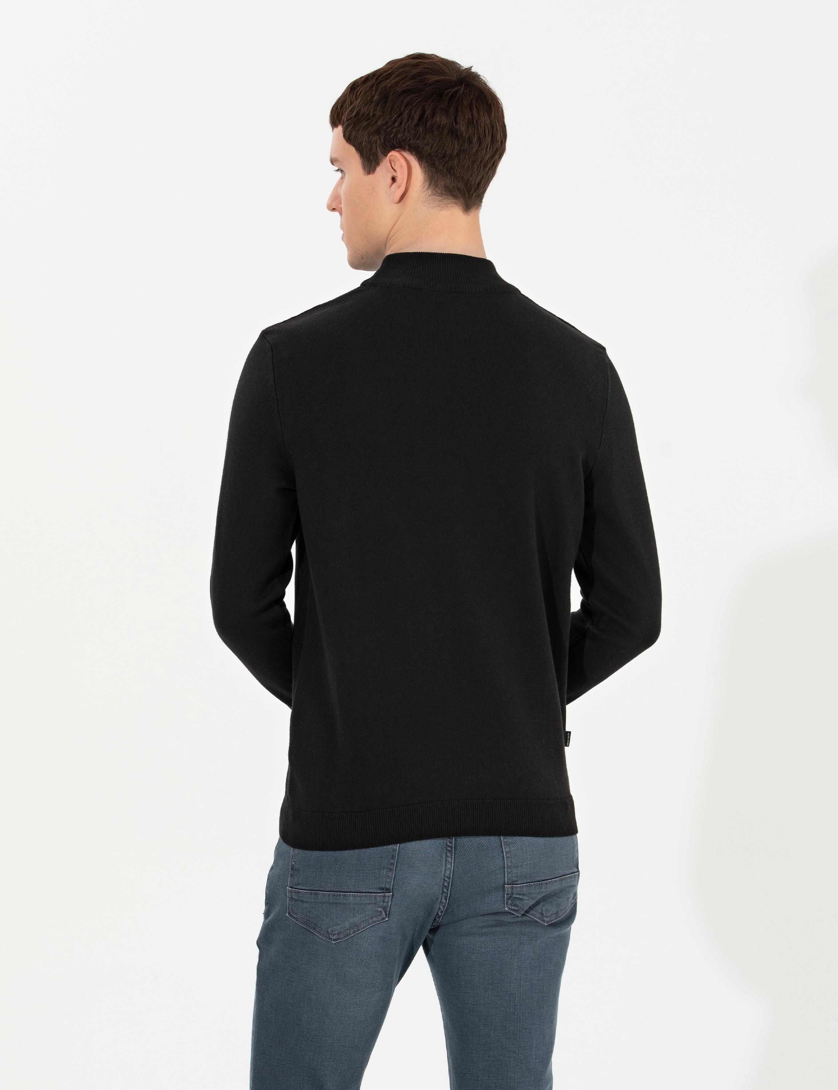 Siyah Slim Fit Yarım Balıkçı Yaka Triko Kazak