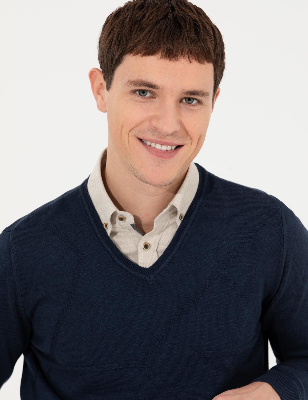 Lacivert Slim Fit V Yaka Triko Kazak - 50265423008