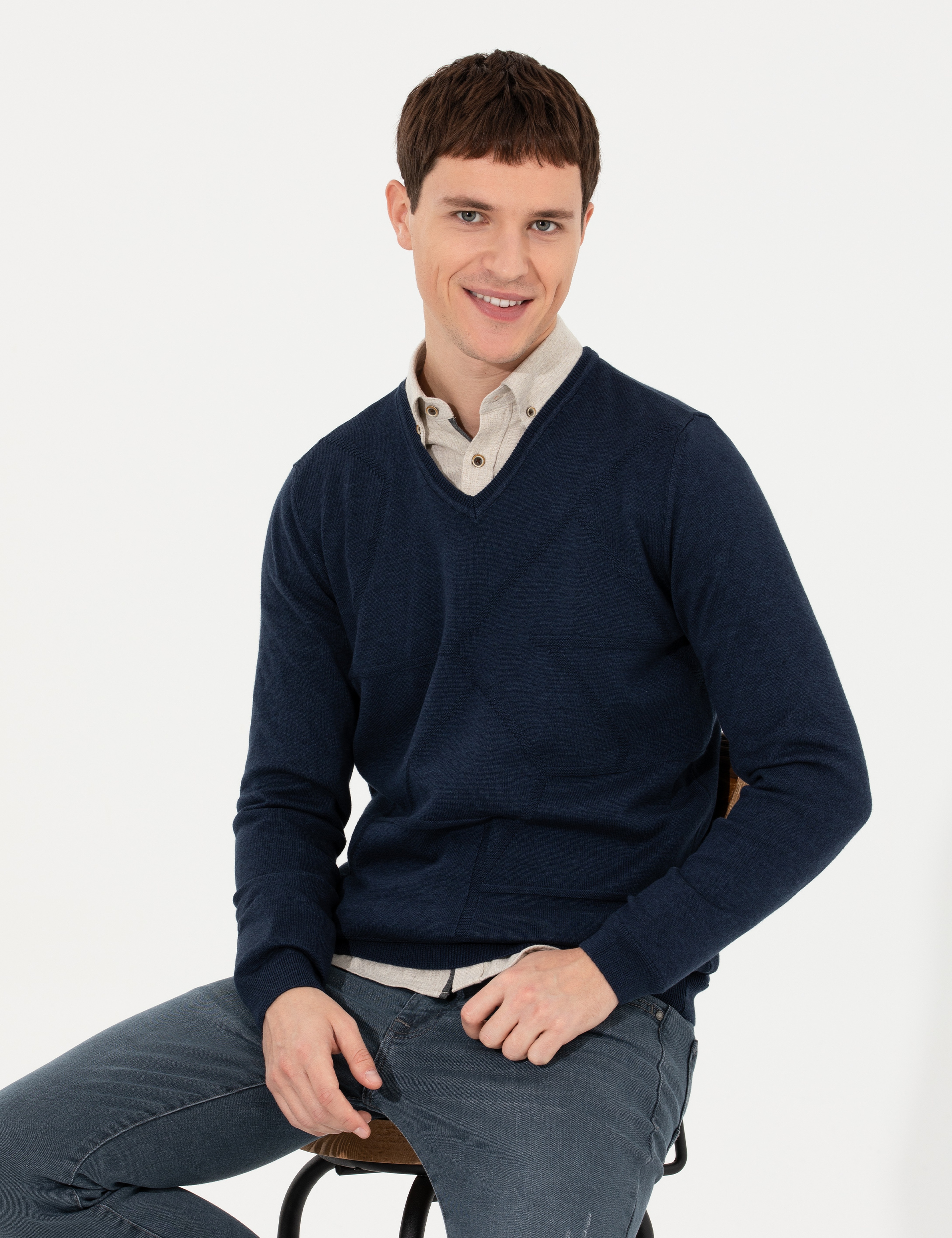Lacivert Slim Fit V Yaka Triko Kazak - Image 2