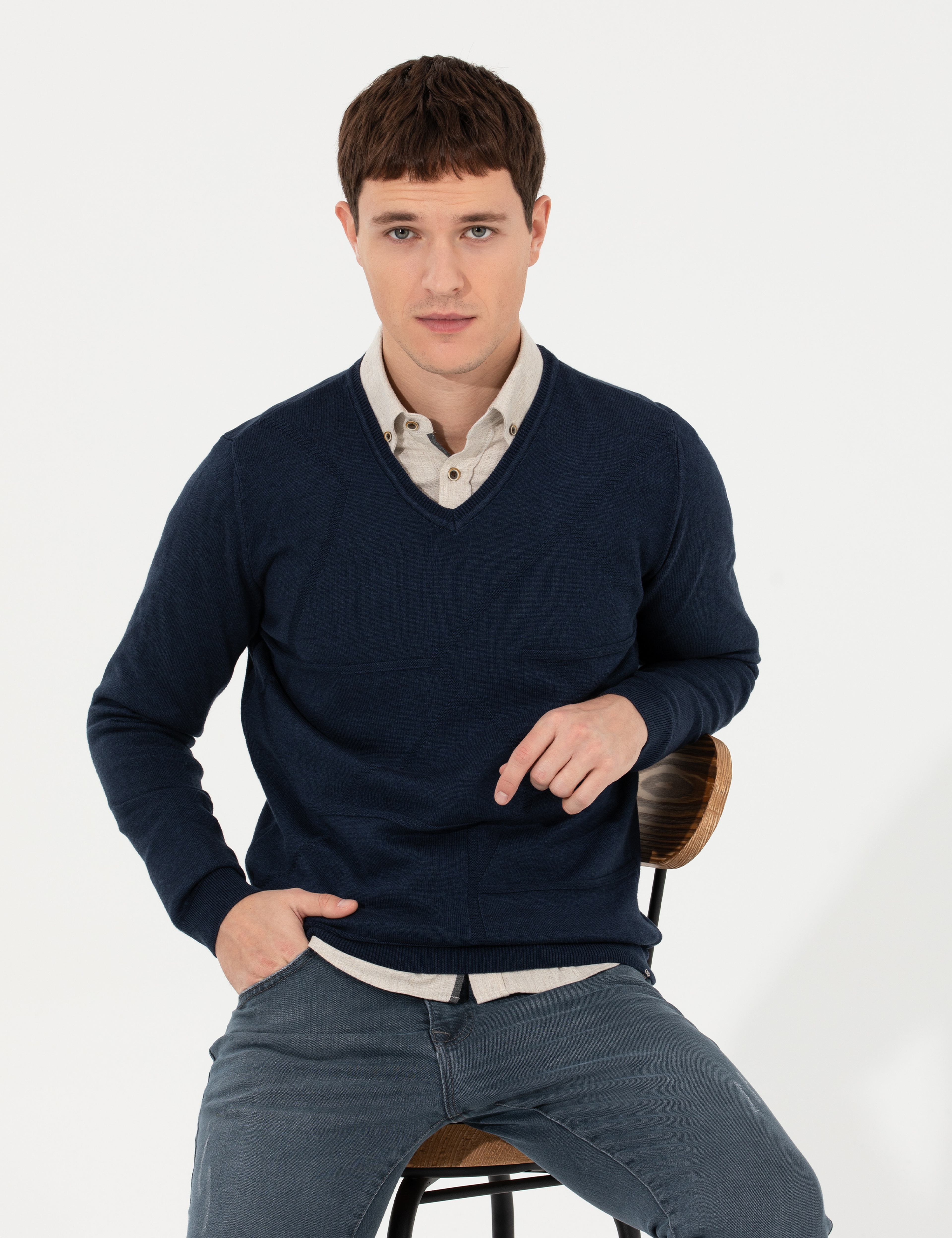Lacivert Slim Fit V Yaka Triko Kazak - Image 4