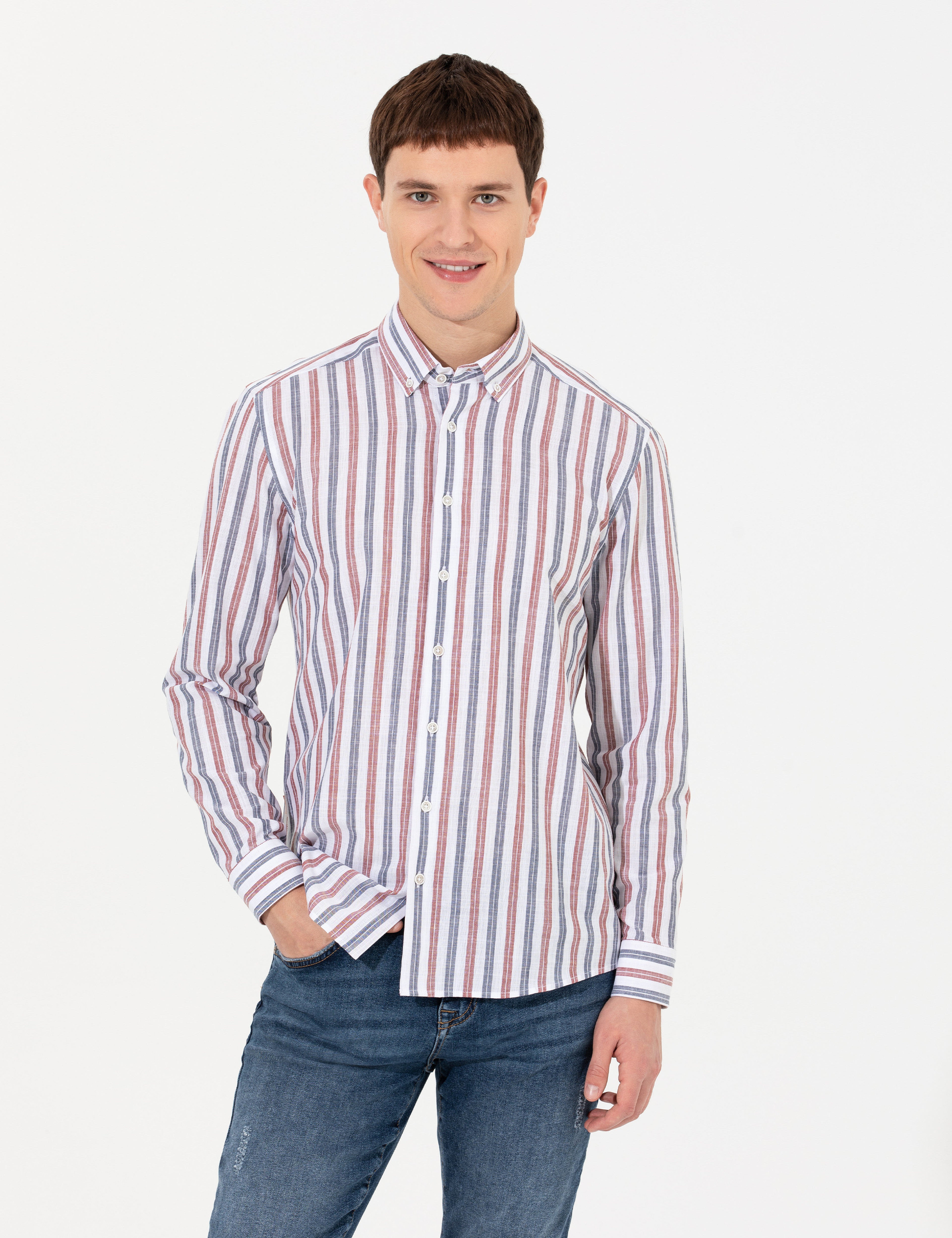 Turuncu Slim Fit Uzun Kollu Gömlek - Image 4