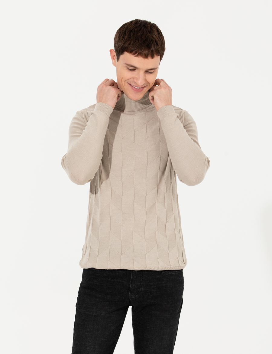 Kum Melanj Slim Fit Balıkçı Yaka Triko Kazak