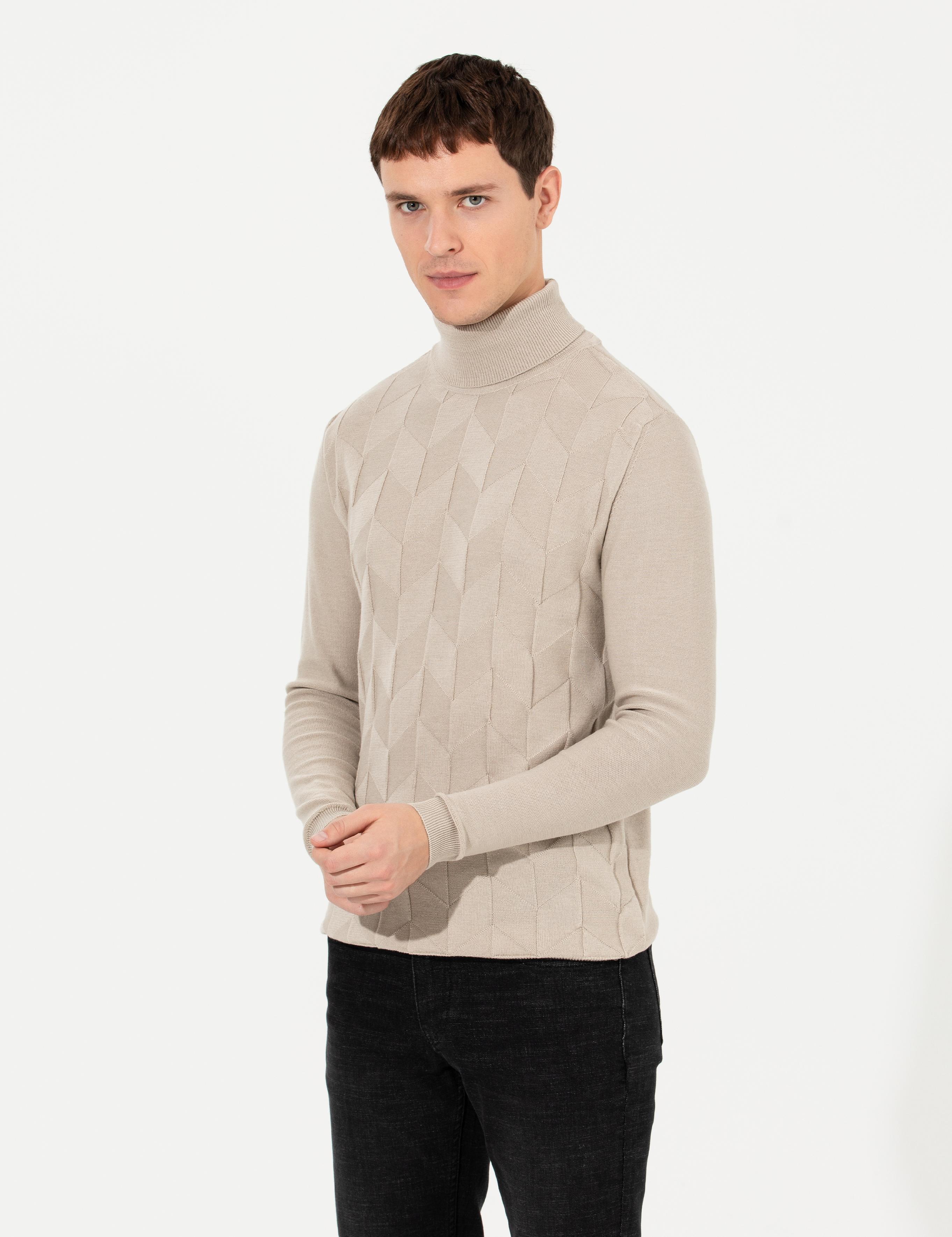 Kum Melanj Slim Fit Balıkçı Yaka Triko Kazak