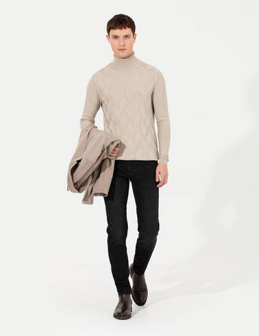 Kum Melanj Slim Fit Balıkçı Yaka Triko Kazak