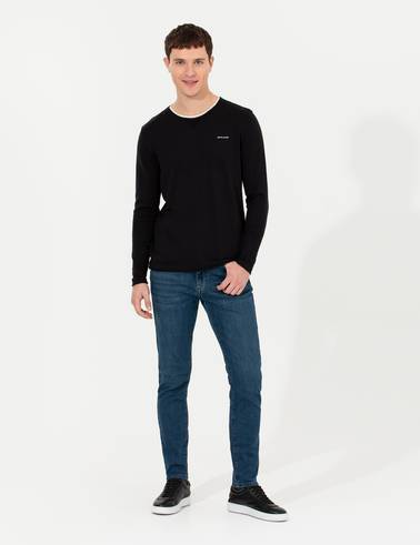 Lacivert Slim Fit Bisiklet Yaka Triko Kazak