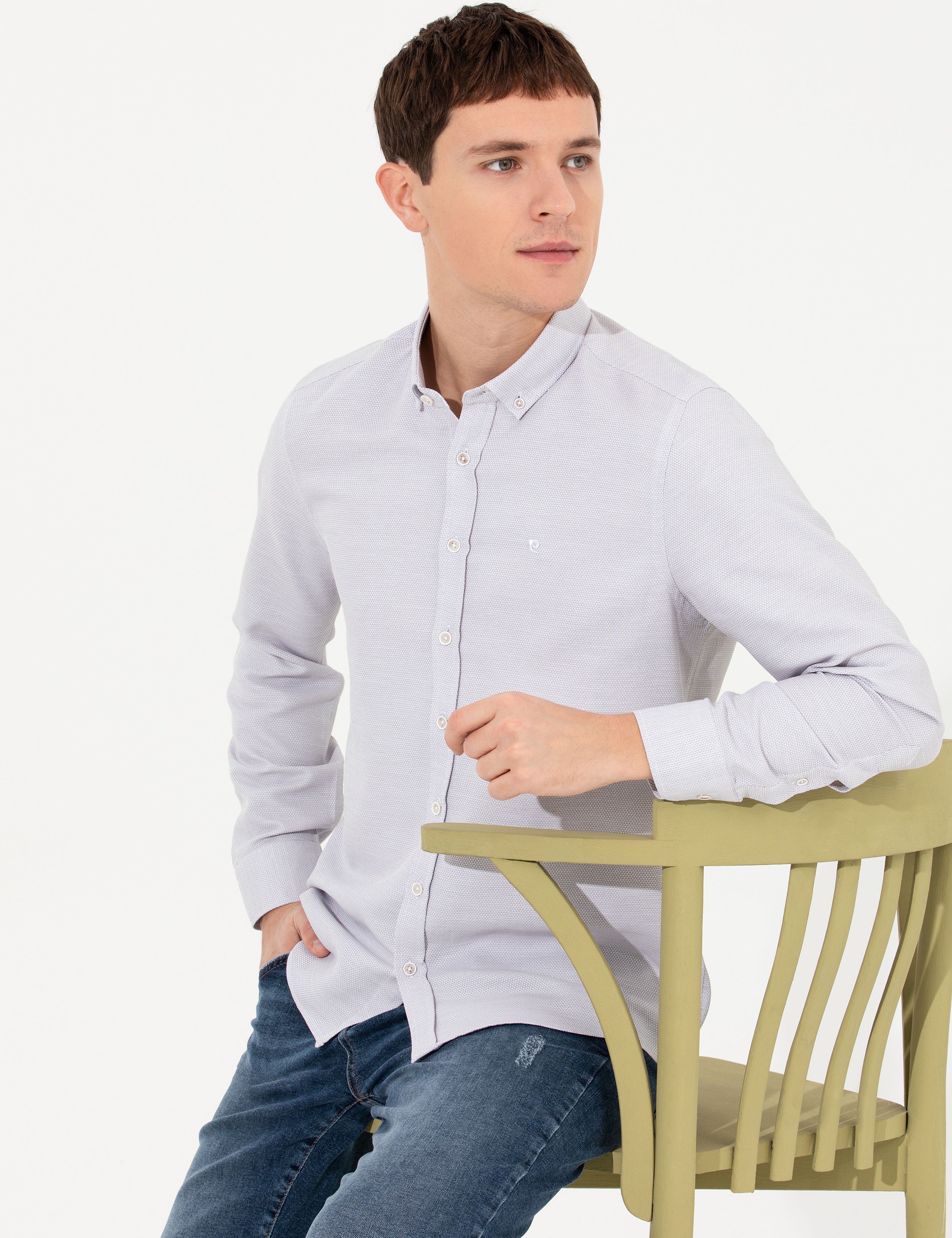 Açık Gri Slim Fit Uzun Kollu Gömlek - Image 1