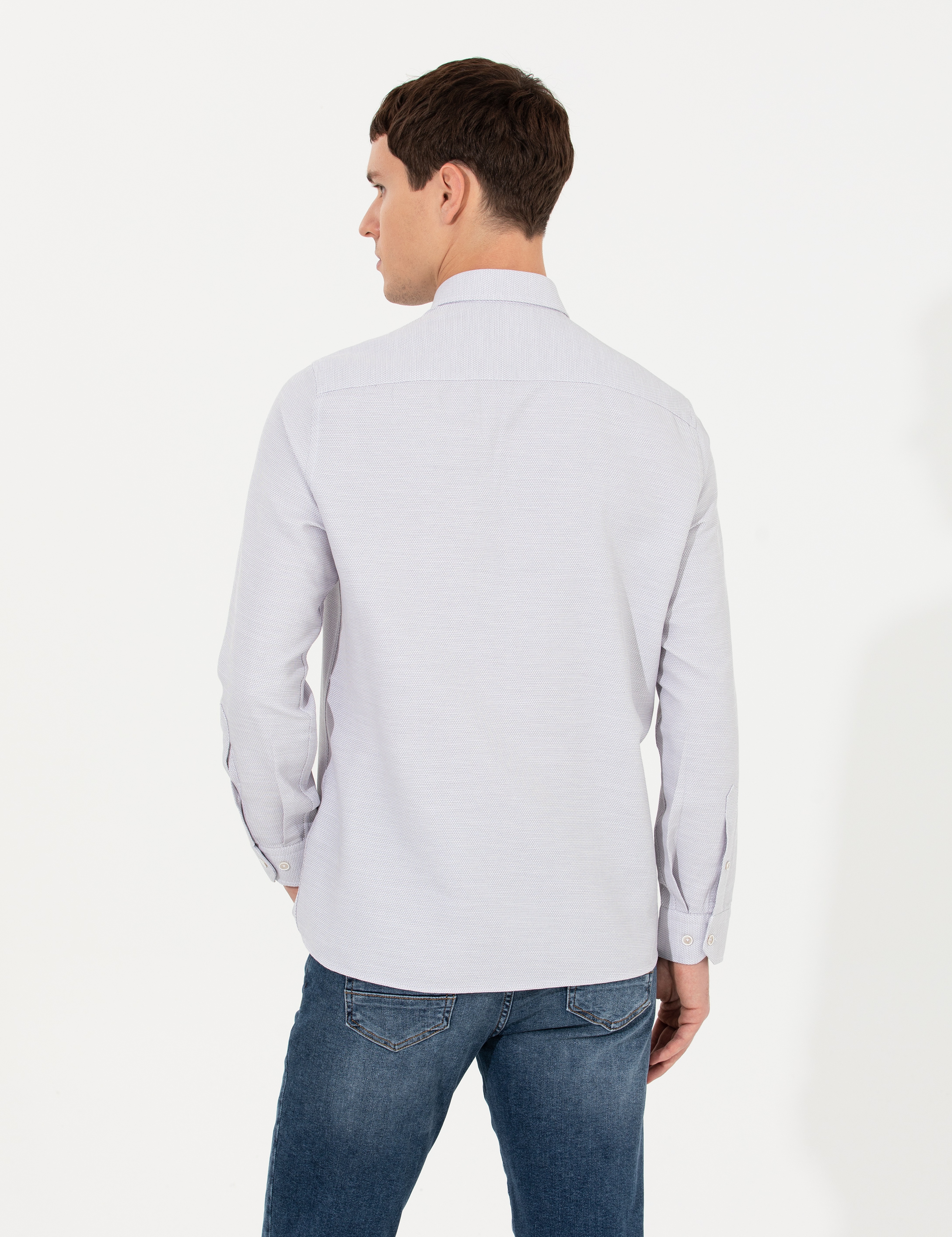 Açık Gri Slim Fit Uzun Kollu Gömlek - Image 5