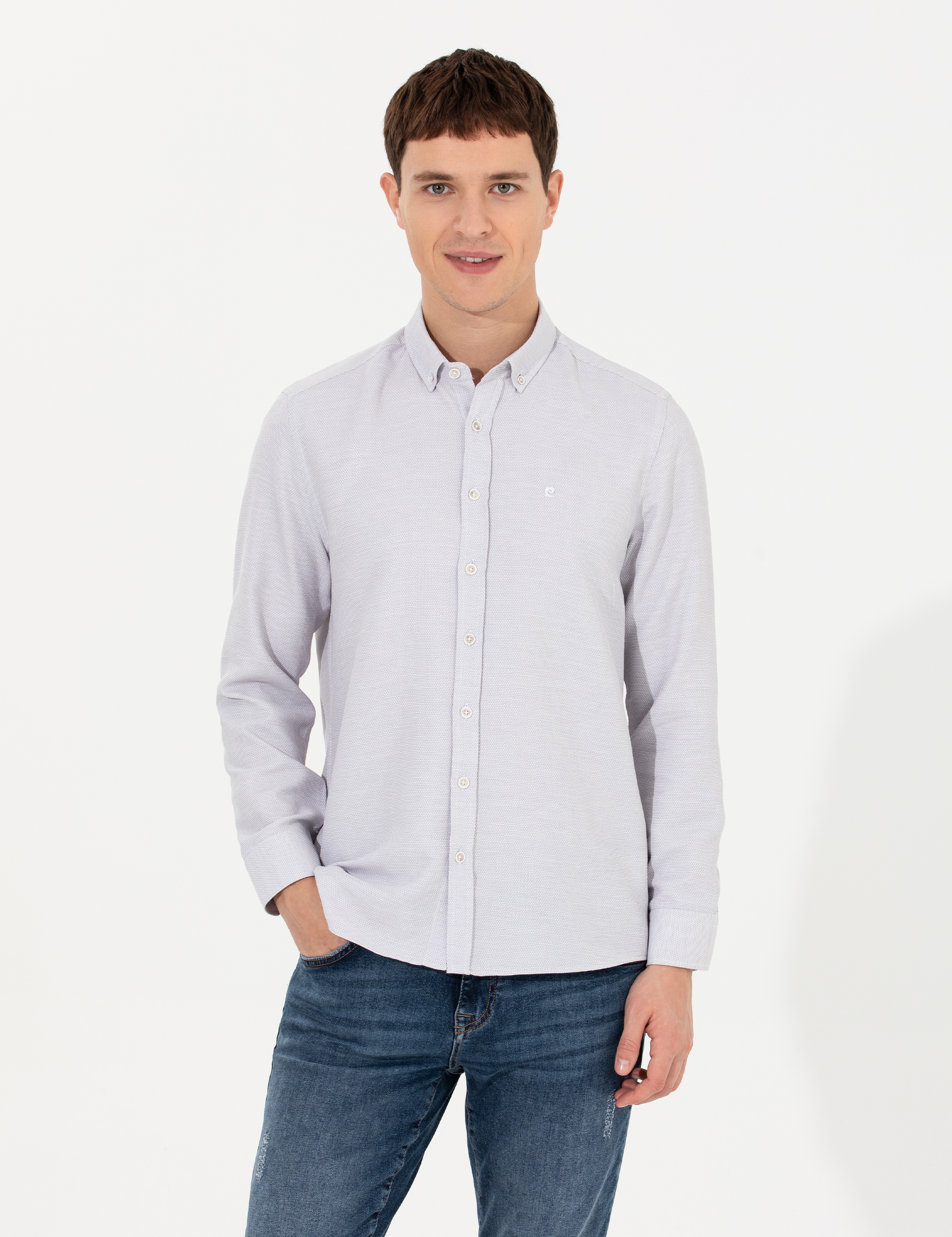 Açık Gri Slim Fit Uzun Kollu Gömlek - Image 4