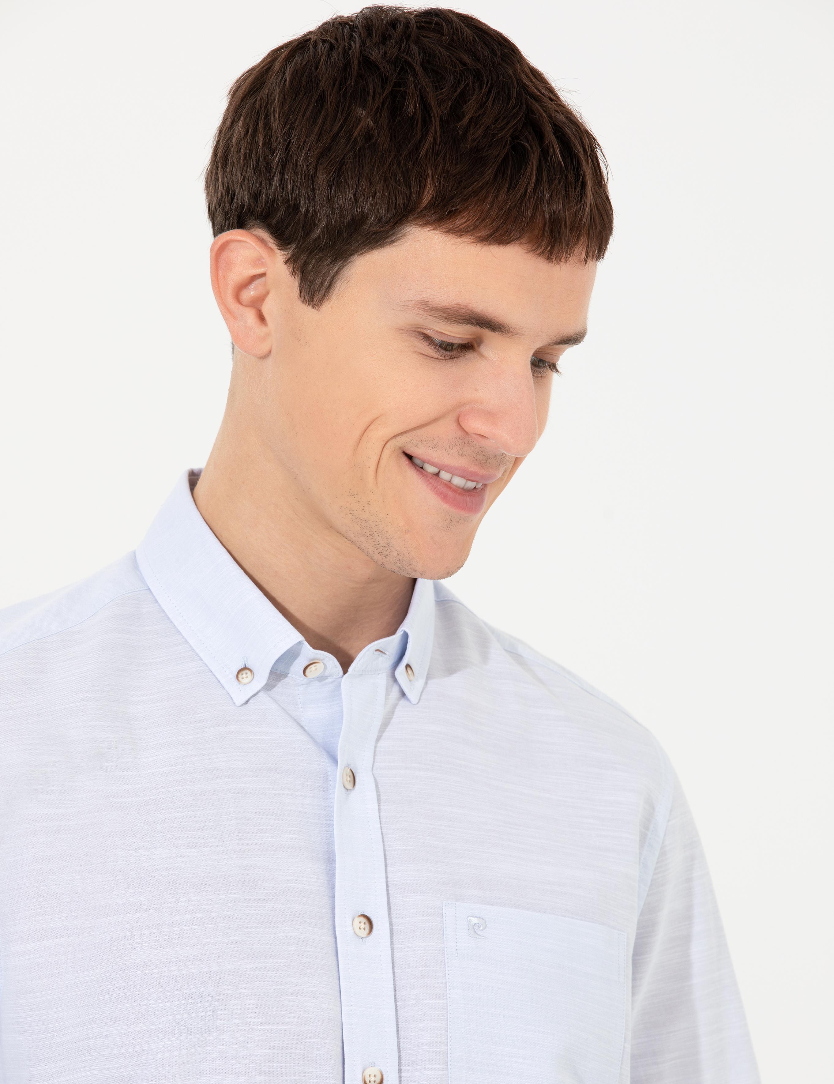 Açık Mavi Keten Görünümlü Regular Fit Kısa Kollu Gömlek